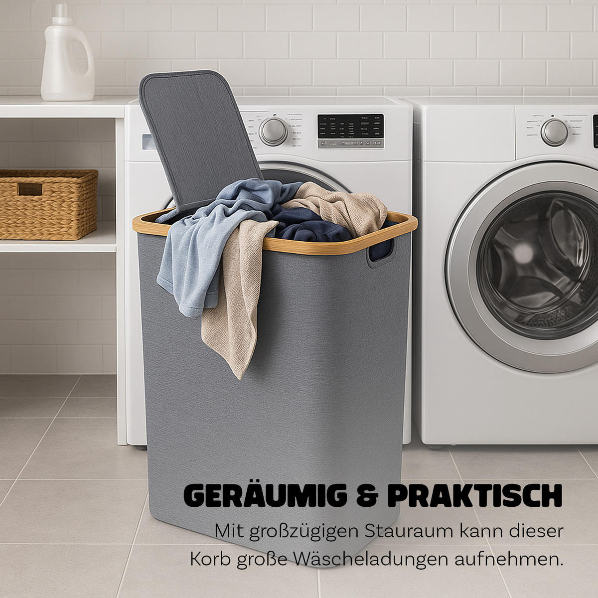 WÄSCHEKORB mit 2 Fächern 34x54x65cm - Grau, Textil (65/65/34cm) - Bestlivings