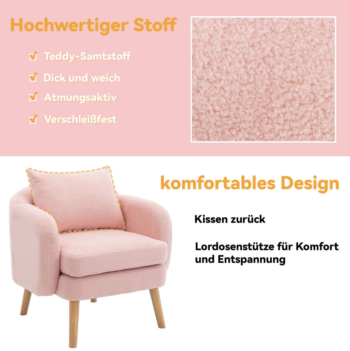 SESSEL 71/72/71 cm in Rosa aus Teddy-Stoff mit Kissen - Rosa, Textil (72/71/71cm) - Flora Grace