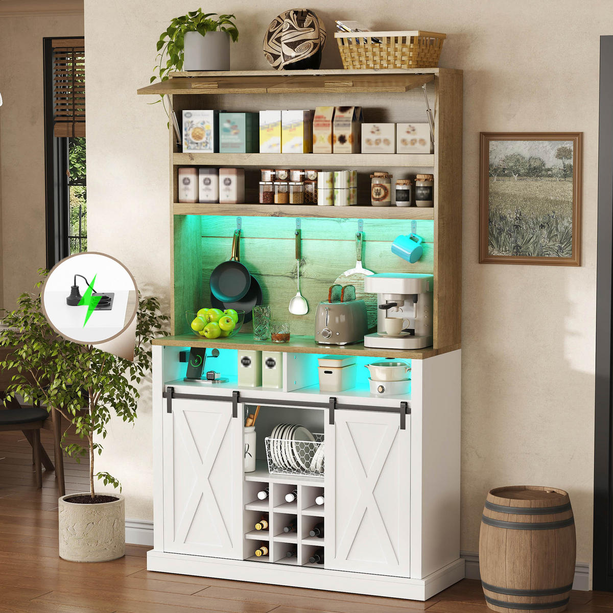BUFFET 191 cm MDF Natur Weiß mit Vitrine, Weinregal und RGB-LED - Weiß, Holzwerkstoff (40/191/110cm) - Korfee