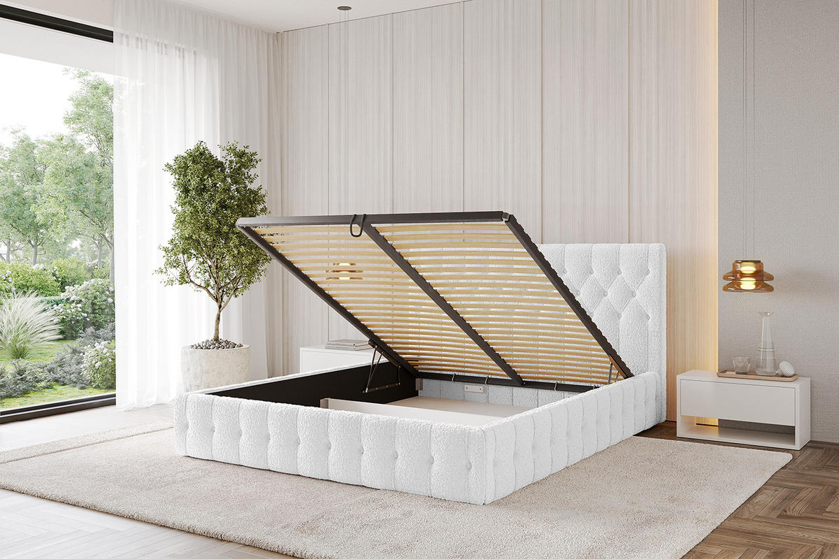 POLSTERBETT mit Bettkasten und Lattenrost, Bett mit Matratze H3/H4 - LARO 180x200 Weiß - Weiß, Holzwerkstoff/Textil (180/200cm) - ALTDECOR