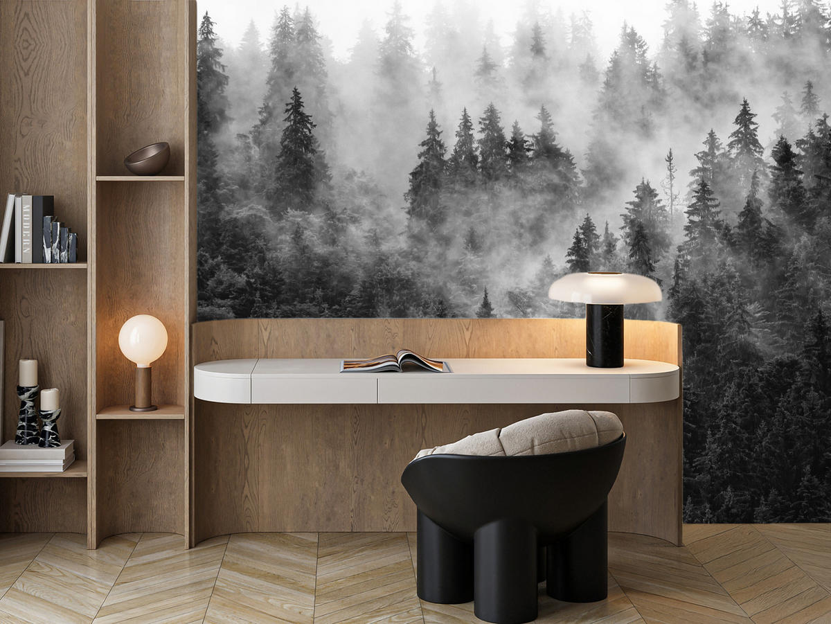 FOTOTAPETE für Wohnzimmer Dichter Nebel Forst Bäume 500x350 - Schwarz/Weiß, Papier (500/350cm) - Muralo