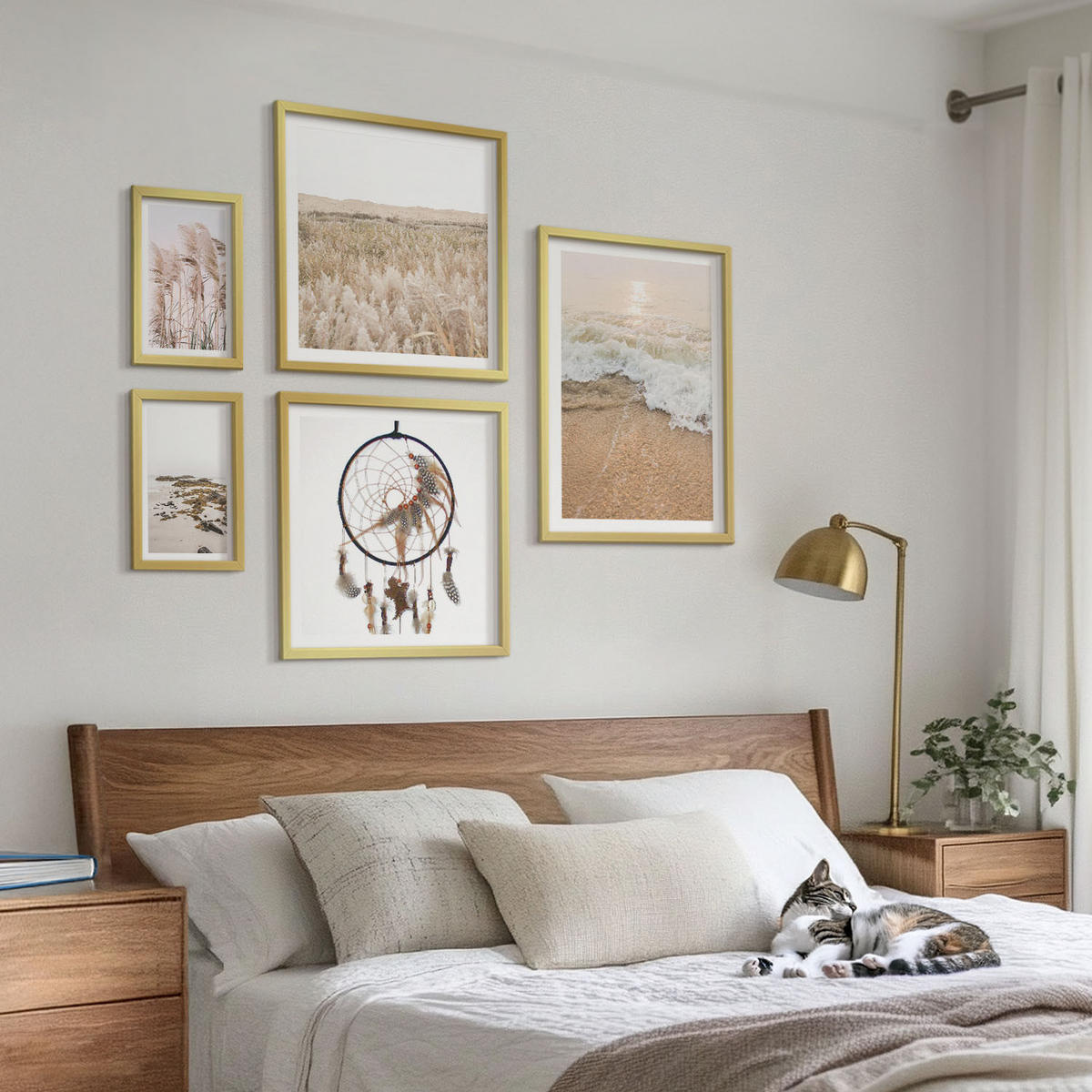 WANDBILDER 5er Set - 50x50 cm & 20x30 cm & 40x60 cm Goldrahmen - Strandgras, Wellen, Steine, Boho-Stil - Goldfarben, Kunststoff (40/60cm) - ArtPrintCave