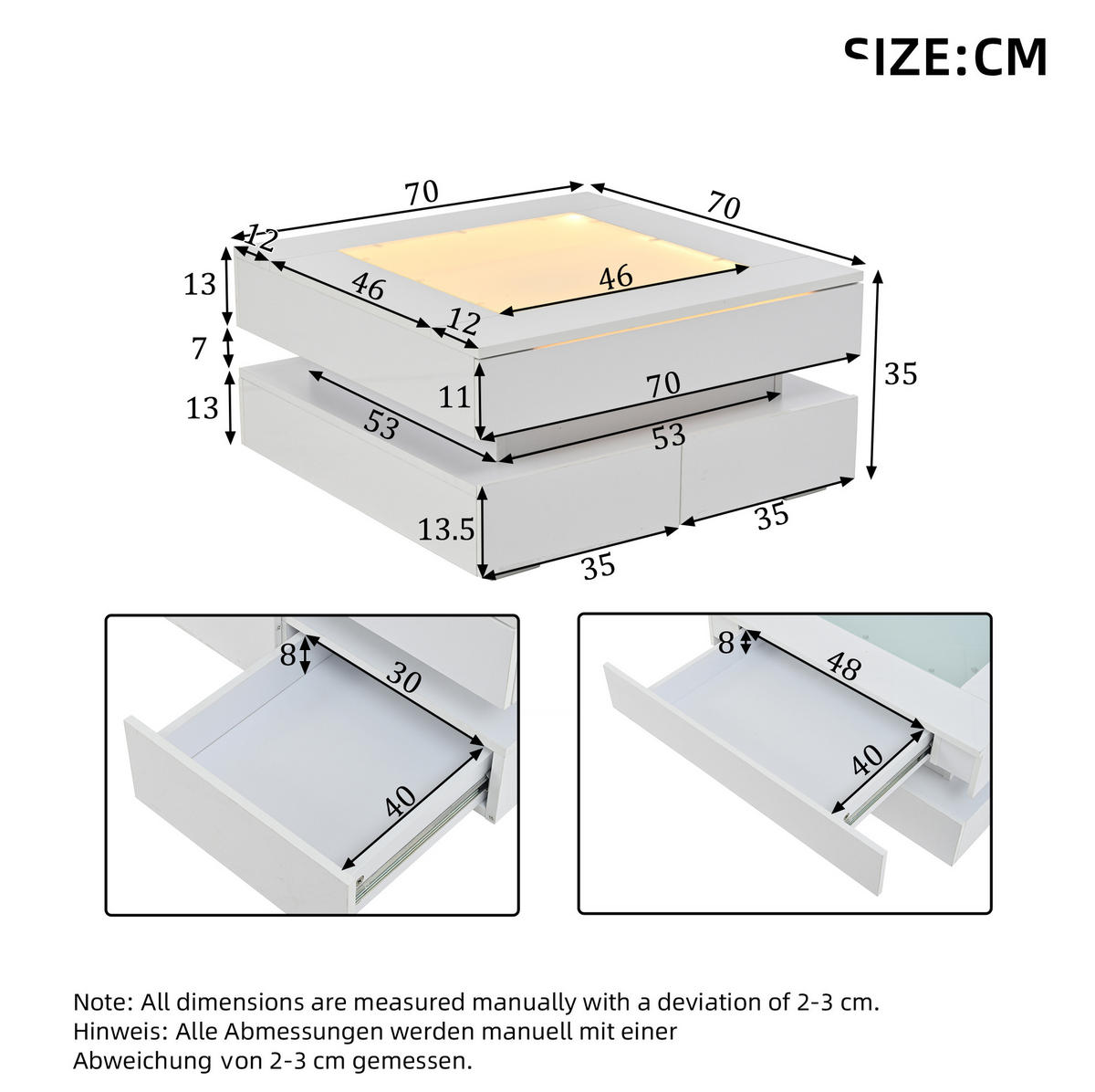 COUCHTISCH 70/70 cm mit LED-Beleuchtung, Glasplatte und 3 Schubladen - Weiß, Holzwerkstoff (70/70/35cm) - BEAOK