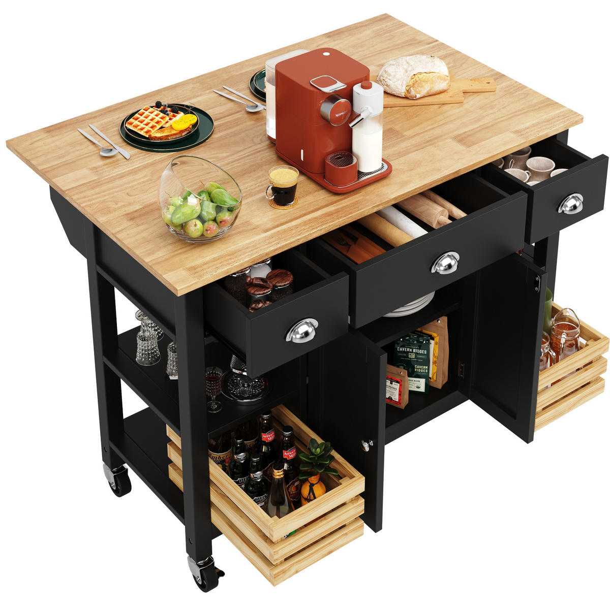 KÜCHENINSEL 120/45/90 cm schwarz natur mit klappbaren Seiten - Schwarz, Holzwerkstoff (120/90/73cm) - OKWISH