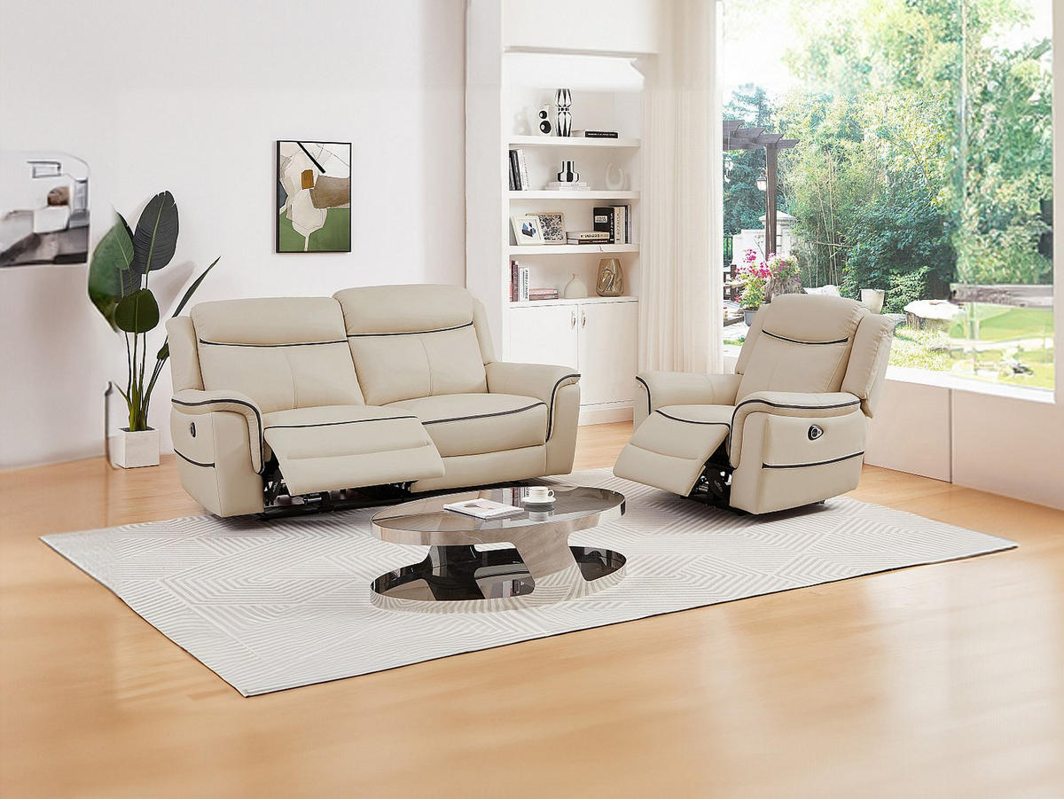 SOFAGARNITUR mit Relaxfunktion - 4 -Sitzer - Leder - beige - ADELIO - Beige, Leder (210/102/95cm) - Vente-Unique