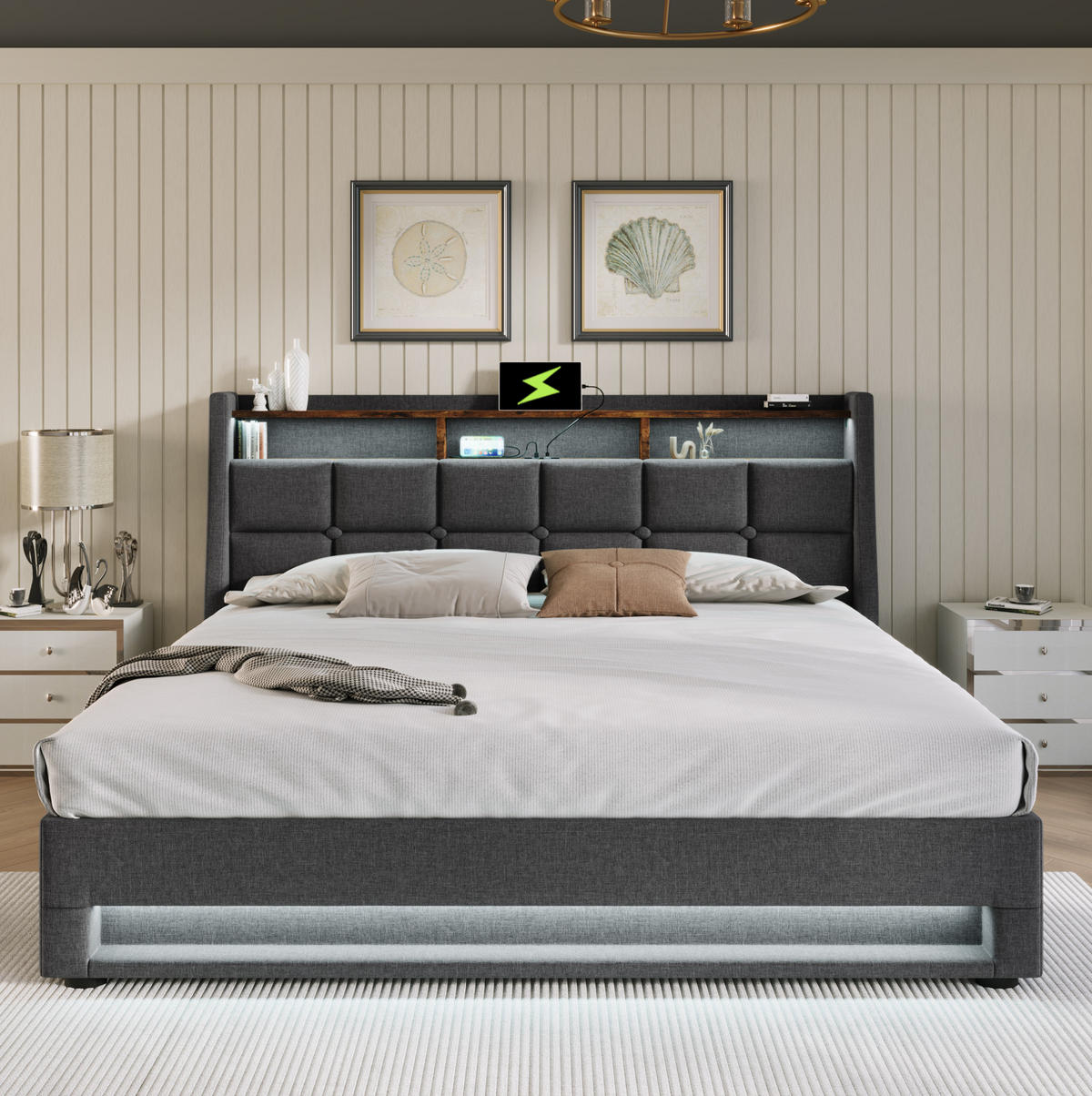 POLSTERBETT 180/200 cm mit LED-Beleuchtung, USB-Anschluss und Bettkasten aus Leinenstoff, Grau/Hellbeige - Grau, Textil (180/200cm) - Redom