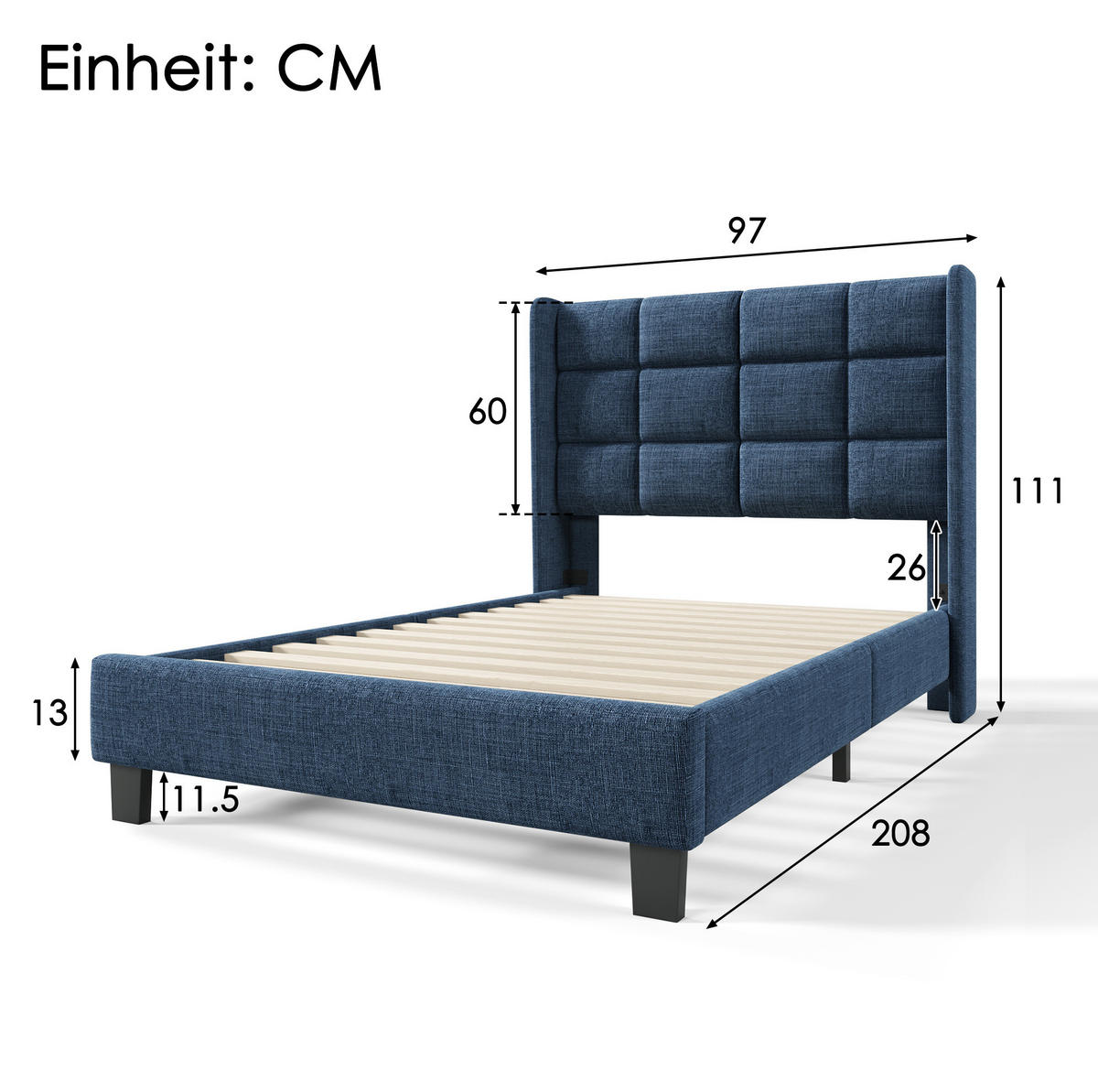 POLSTERBETT 90/200 cm Blau aus Leinen mit Lattenrost und gepolstertem Kopfteil - Blau, Textil (90/200cm) - Flora Grace