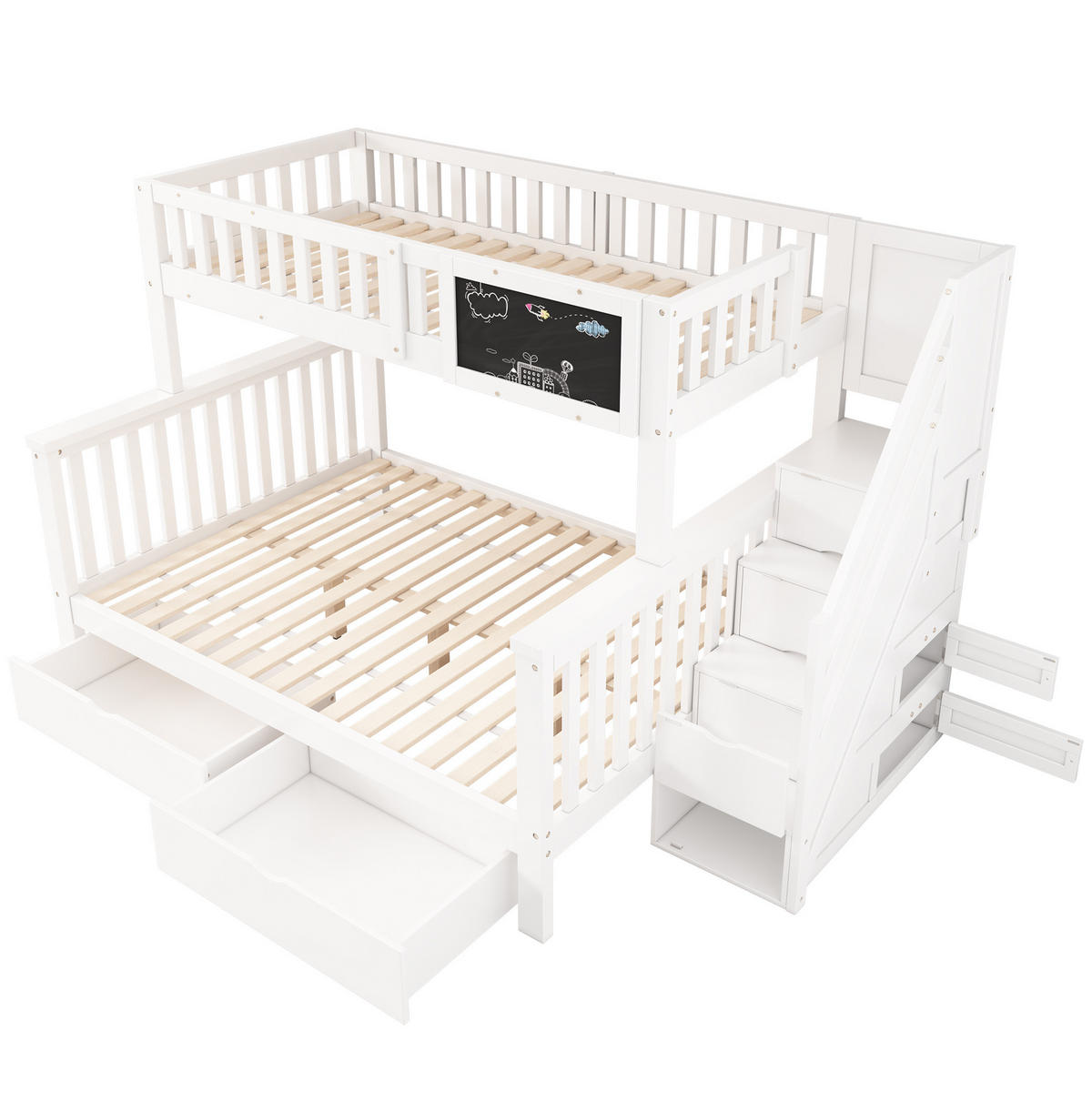 ETAGENBETT 90/200 + 140/200 cm mit Tafel, Stauraumtreppe und Schubladen aus Massivholz, Weiß - Weiß, Holz (90/200cm) - Redom