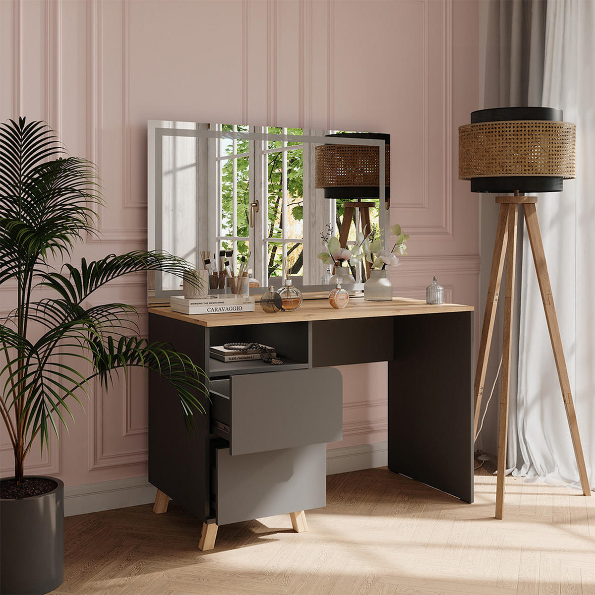 SCHMINKTISCH Karen Anthrazit/Artisan 110 cm mit LED-Spiegel - Anthrazit/Eiche Artisan, Holzwerkstoff (110/75/55cm) - Vicco