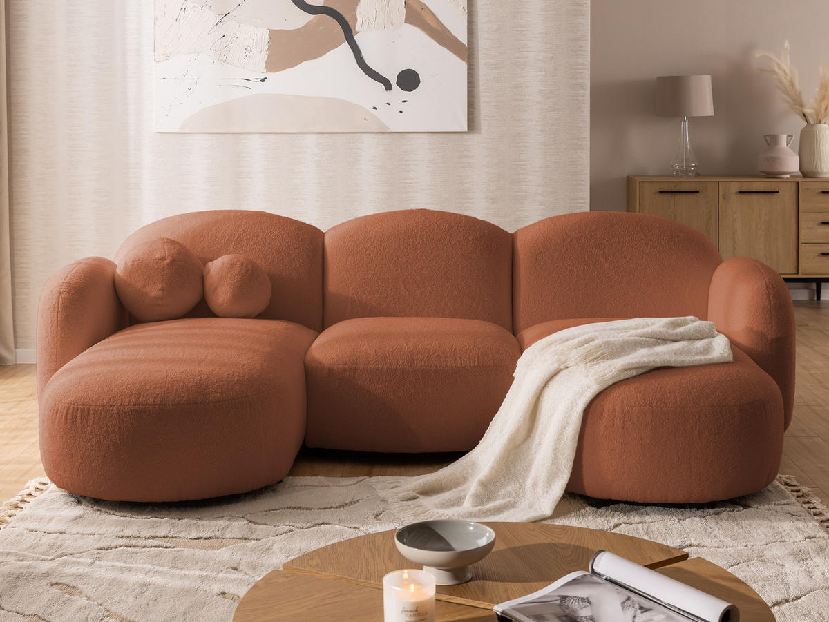 WOHNLANDSCHAFT Nuvola mit abgerundetem Design Terrakotta Bouclé-Stoff - Terra cotta/Schwarz, Holz/Kunststoff (268/80/146cm) - S-Style Möbel