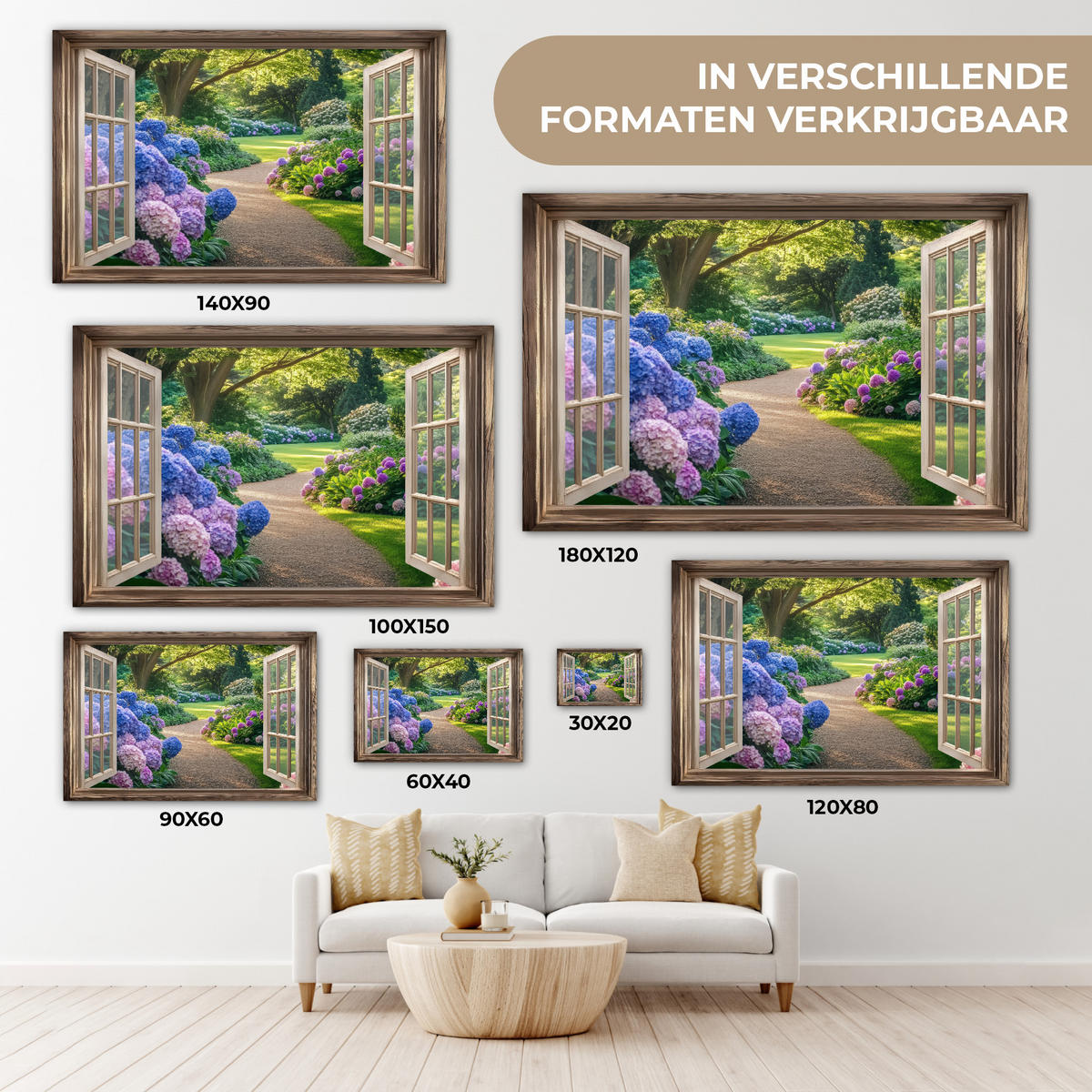 LEINWANDBILD Aussicht - Garten - Fenster - Hortensie - Blumen Wohnzimmer Groß 120x80 cm - Pastellblau, Textil (120/80cm) - MuchoWow