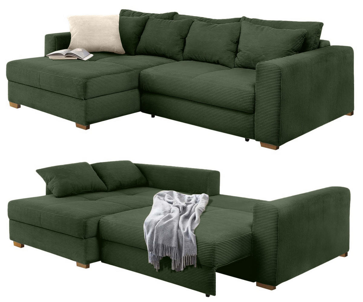 ECKSOFA-DAUERSCHLÄFER Federkern Bettkasten, seitenverkehrt montierbar B288/T186/H86 cm, Liegefl. 153x245 cm, Cord Grün / 15156 - Eichefarben/Grün, Holz/Textil (288/186cm) - luma-home