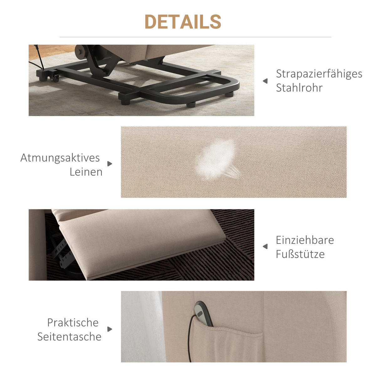 FERNSEHSESSEL mit Aufstehhilfe Leinen Cremeweiß - Creme/Schwarz, Holz/Textil (94/111/74cm) - HOMCOM