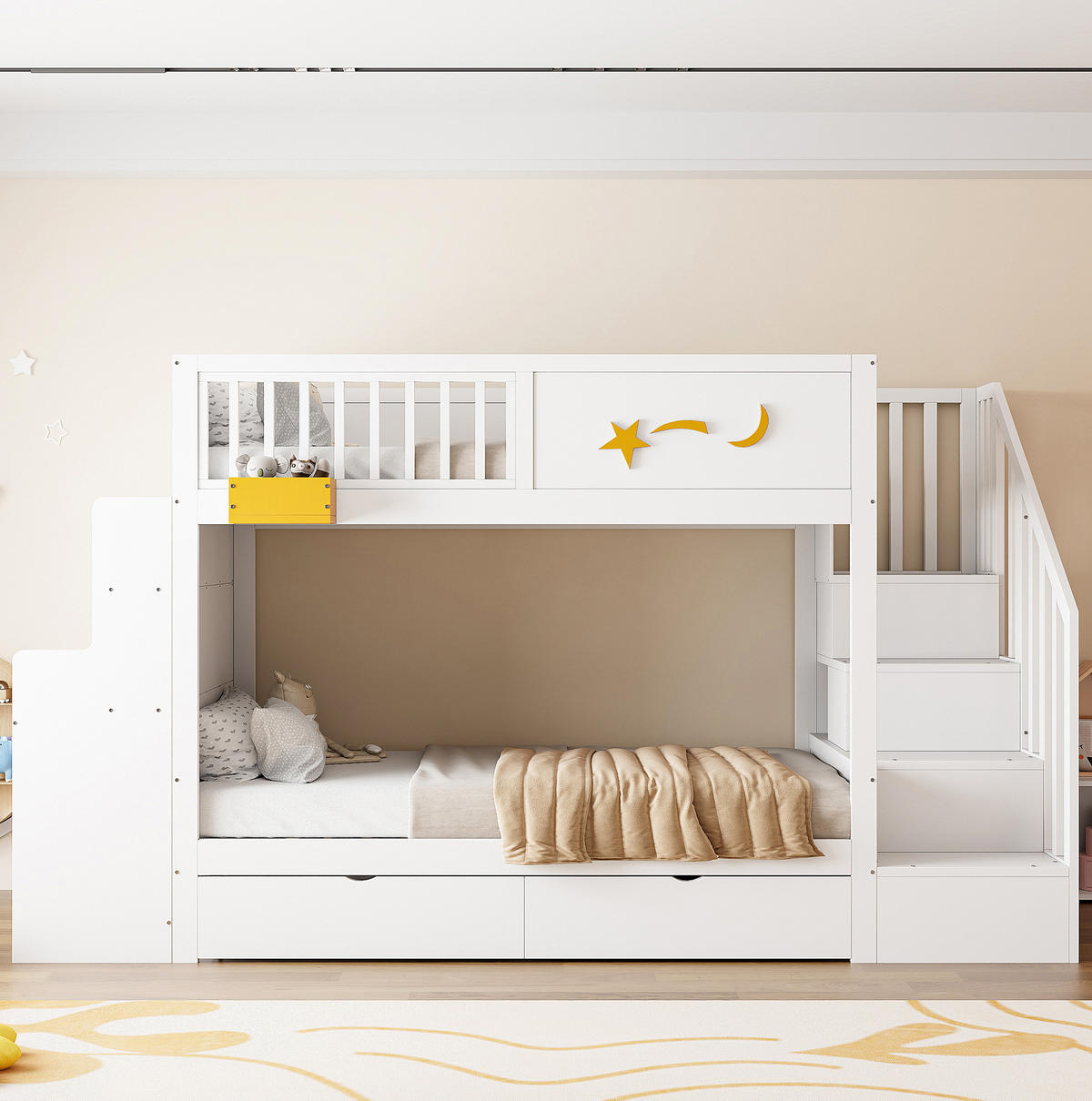 ETAGENBETT 90/200 cm aus Kiefernholz mit Schreibtisch und Treppe, Weiß - Weiß, Holz (90/200cm) - OKMYHOME