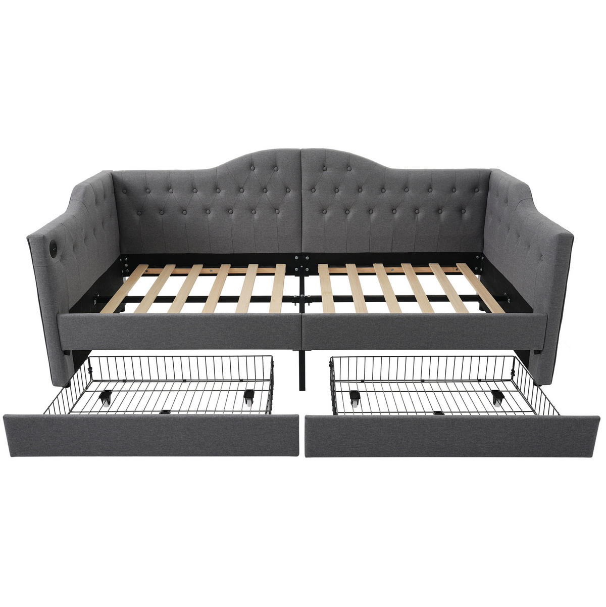 POLSTERBETT 90/200 cm Grau mit 2 Schubladen und USB- und Type-C-Anschlüssen - Grau, Textil (90/200cm) - Flora Grace