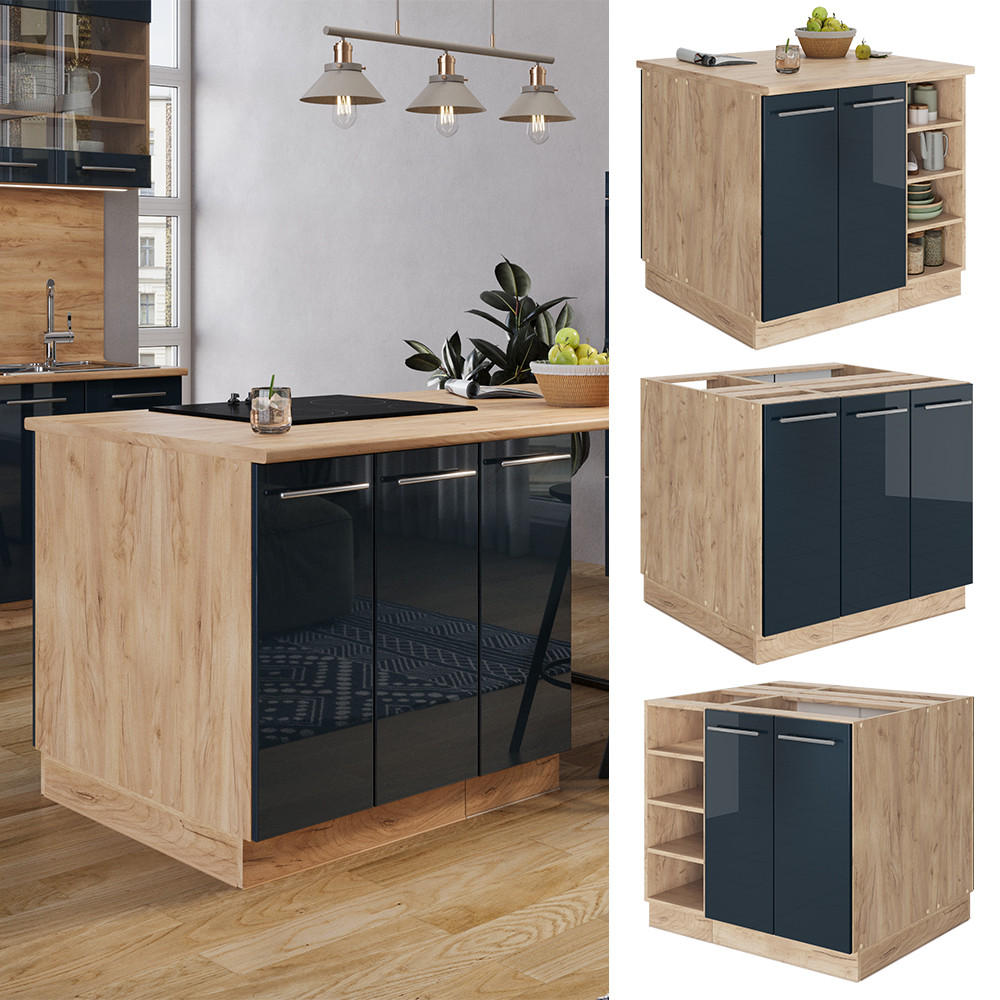 KÜCHENINSEL Fame-Line Dunkelblau Hochglanz 90 cm ohne AP - Honigeiche/Dunkelblau, Holzwerkstoff (90/82/60cm) - Vicco