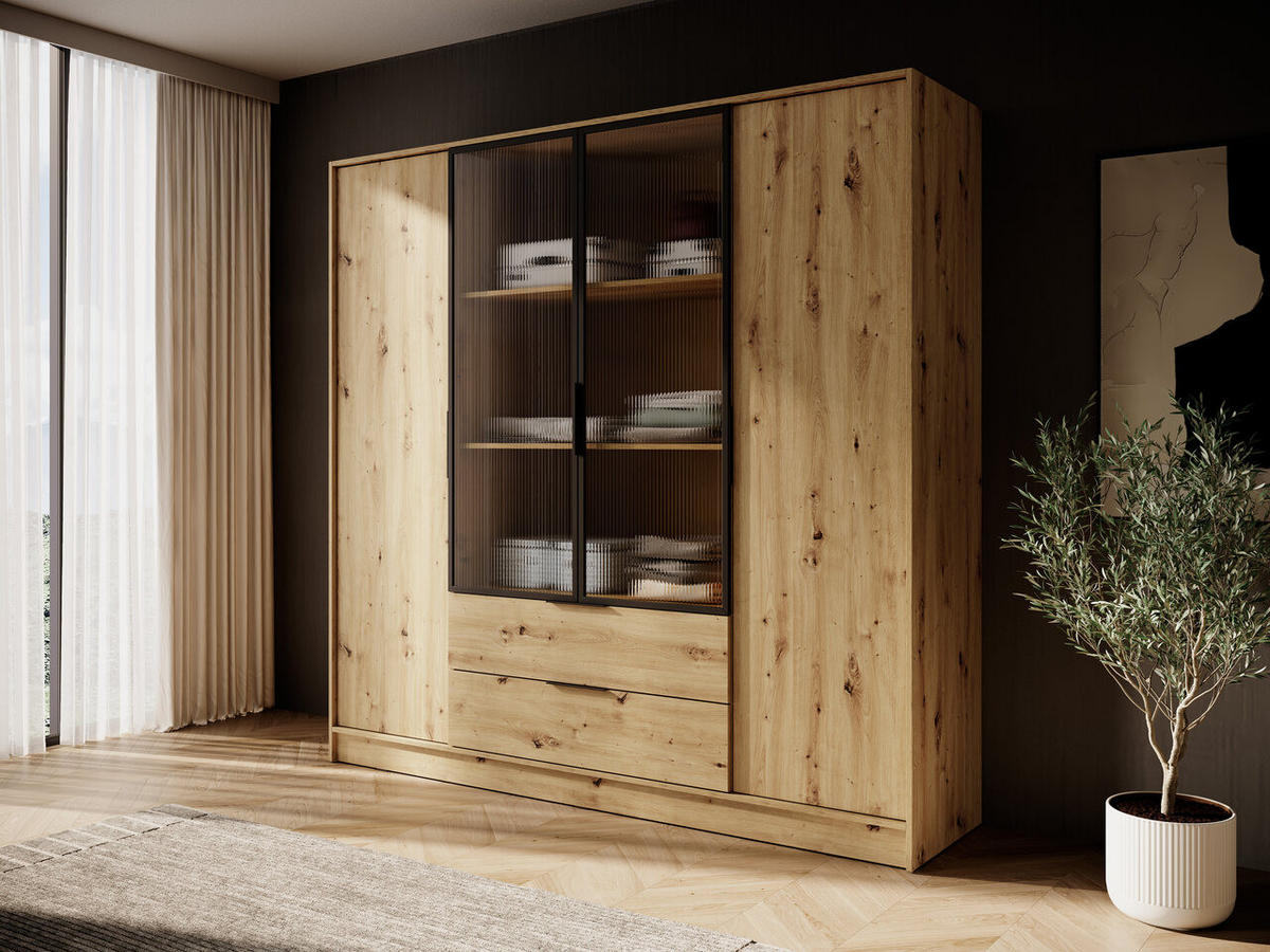 SCHRANK 206 cm mit Glas Kalma, Schubladen, 4 Türen, Eiche Artisan - Eiche Artisan, Holz (206/200/51cm) - Emporius