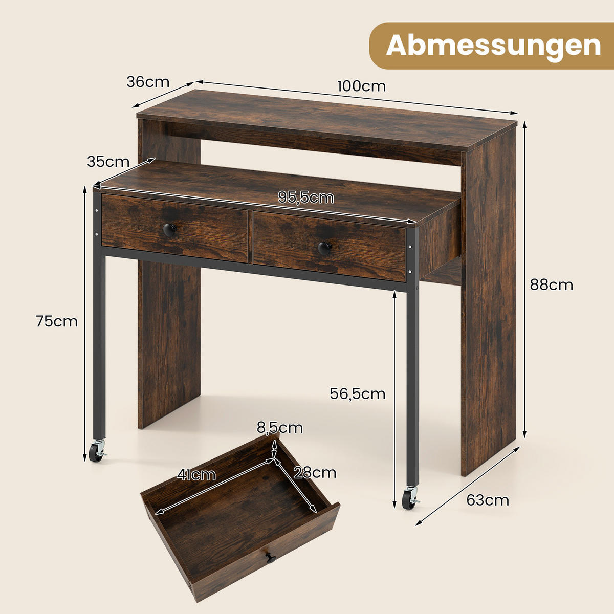 COMPUTERTISCH Braun - Braun, Holzwerkstoff (63/100/88cm) - COSTWAY