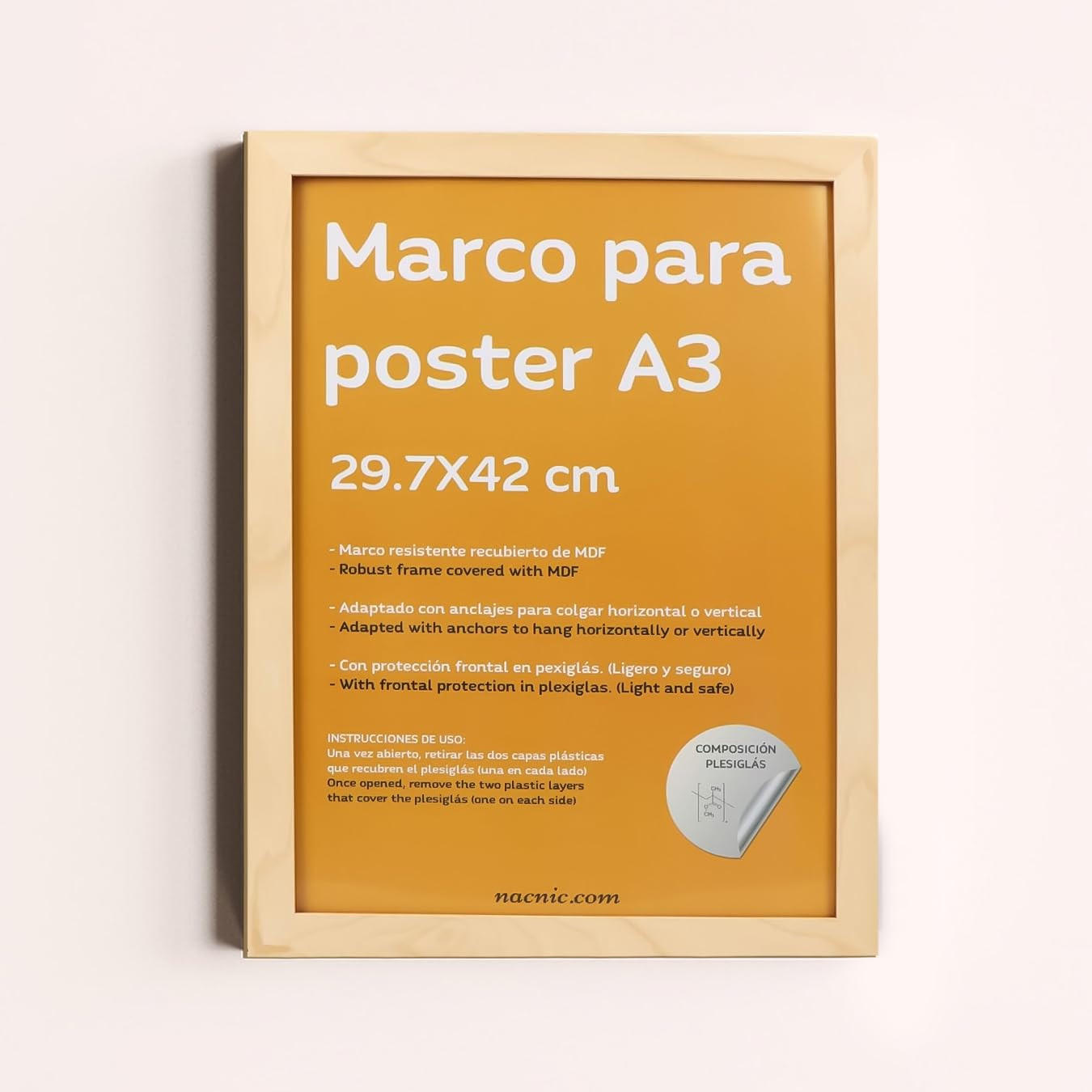 RAHMEN Set mit 4 aus MDF und Acrylglas Schutz und Aussteller für Fotografien, Bilder, Poster, Gemälde, Dekoration für Haus Farbe Hellholz A3 - Beige, Holz (29.7/3/42cm) - Nacnic