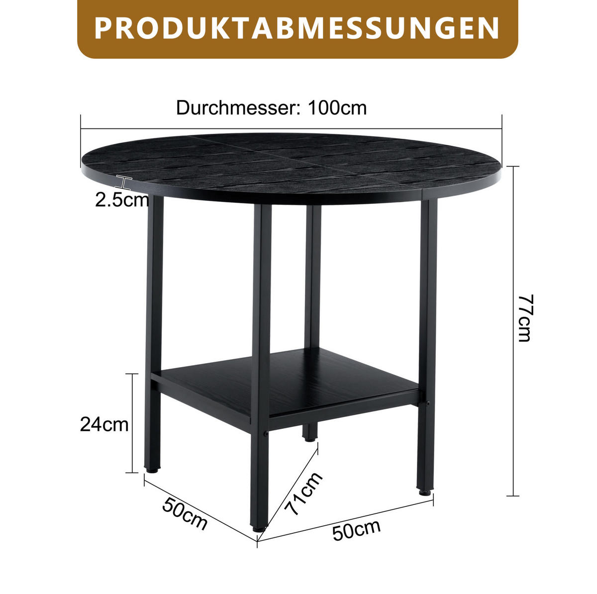 ESSTISCH aus MDF und Metall 100x100x77 cm Schwarz mit Stauraumablage, rundes Design für 4-6 Personen - Schwarz, Holzwerkstoff (100/100/77cm) - Modfu