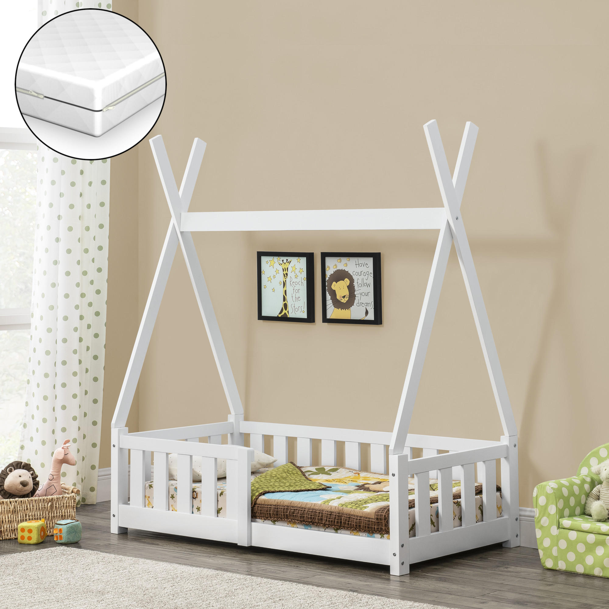 KINDERBETT Helsingborg mit Matratze - Weiß, Holz/Textil (70/140cm) - [en.casa]