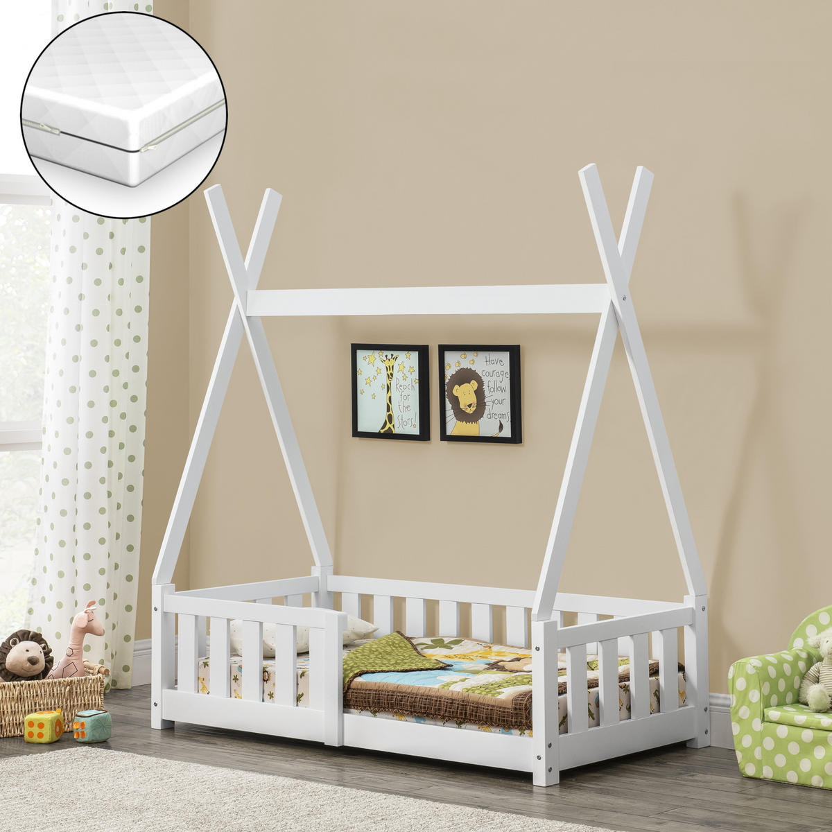 KINDERBETT Helsingborg mit Matratze - Weiß, Holz/Textil (70/140cm) - [en.casa]