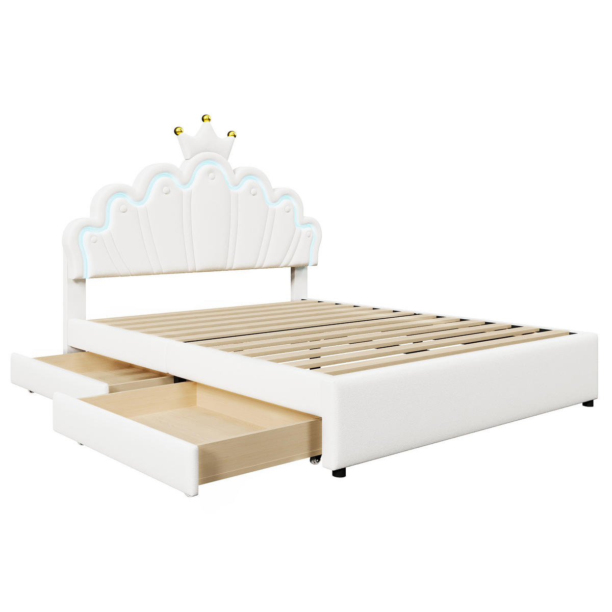 POLSTERBETT 140x200cm Weiß PU Fernbedienung Kronenform 2 Schubladen - Weiß, Holz (140/200cm) - FLIEKS