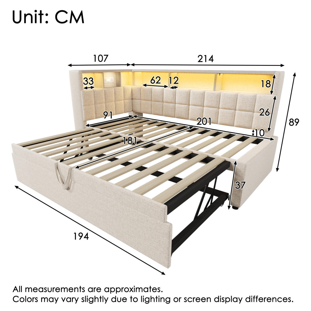 AUSZIEHBETT 90/200 cm DE-00770, in Beige, LED und L-Kopfteil - Beige, Holz (90/200cm) - ComfortXL