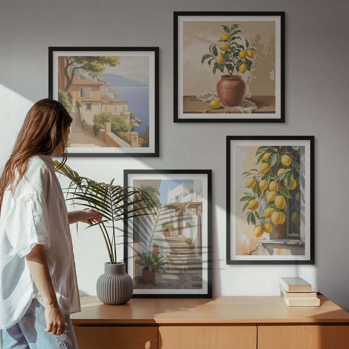 BILDER SET 4er Set - 50x50 cm & 40x60 cm Schwarzer Rahmen - Lemon Streets Meerblick - Schwarz, Kunststoff (50/50cm) - TULUP