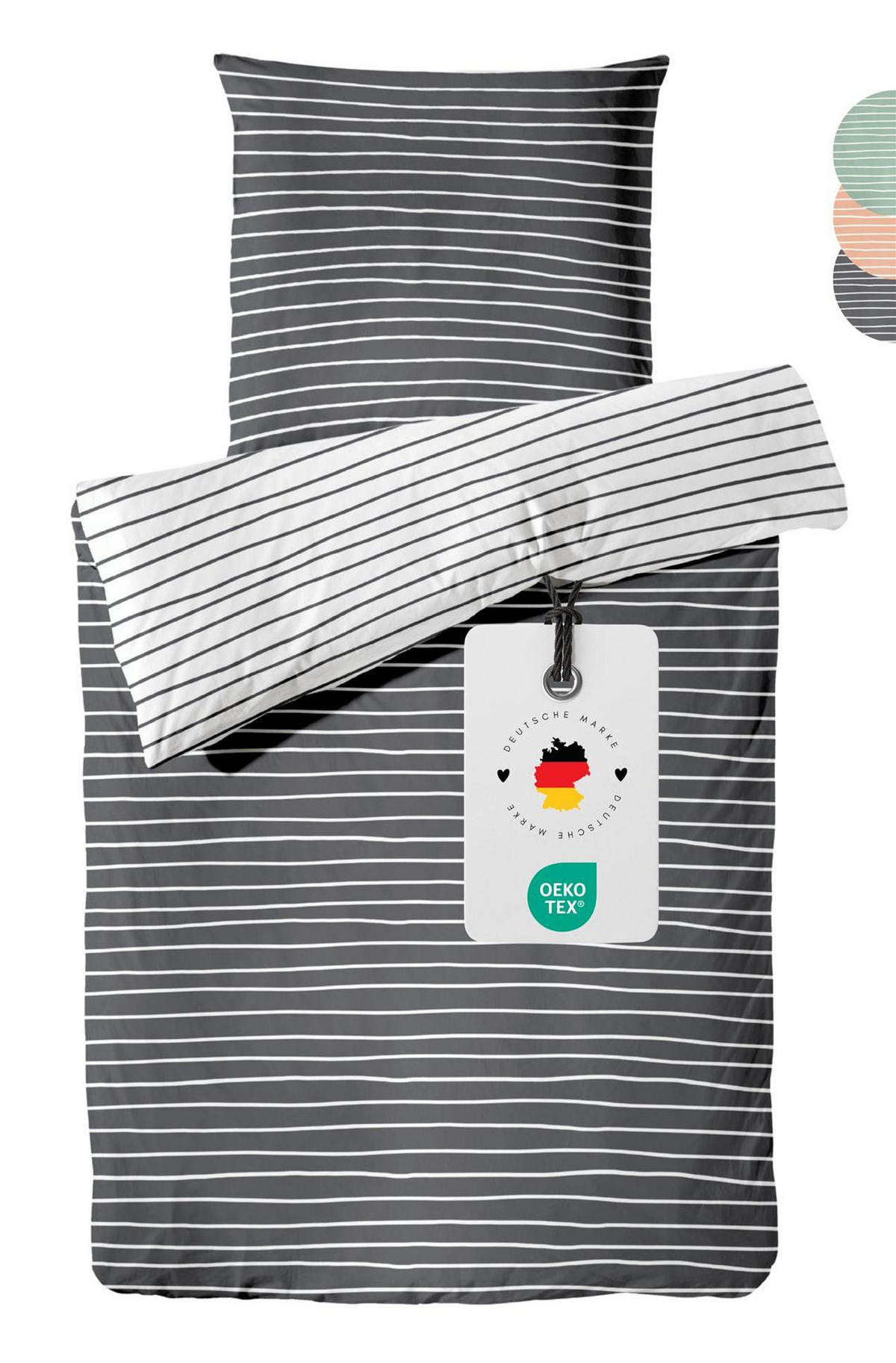 BETTWÄSCHE Mako Perkal 200x200 cm aus 100% Baumwolle mit Reißverschluss, 3 teilig Bettbezug Streifen 200 x 200 - Schwarz - Schwarz, Textil (200/200cm) - Carpe Sonno