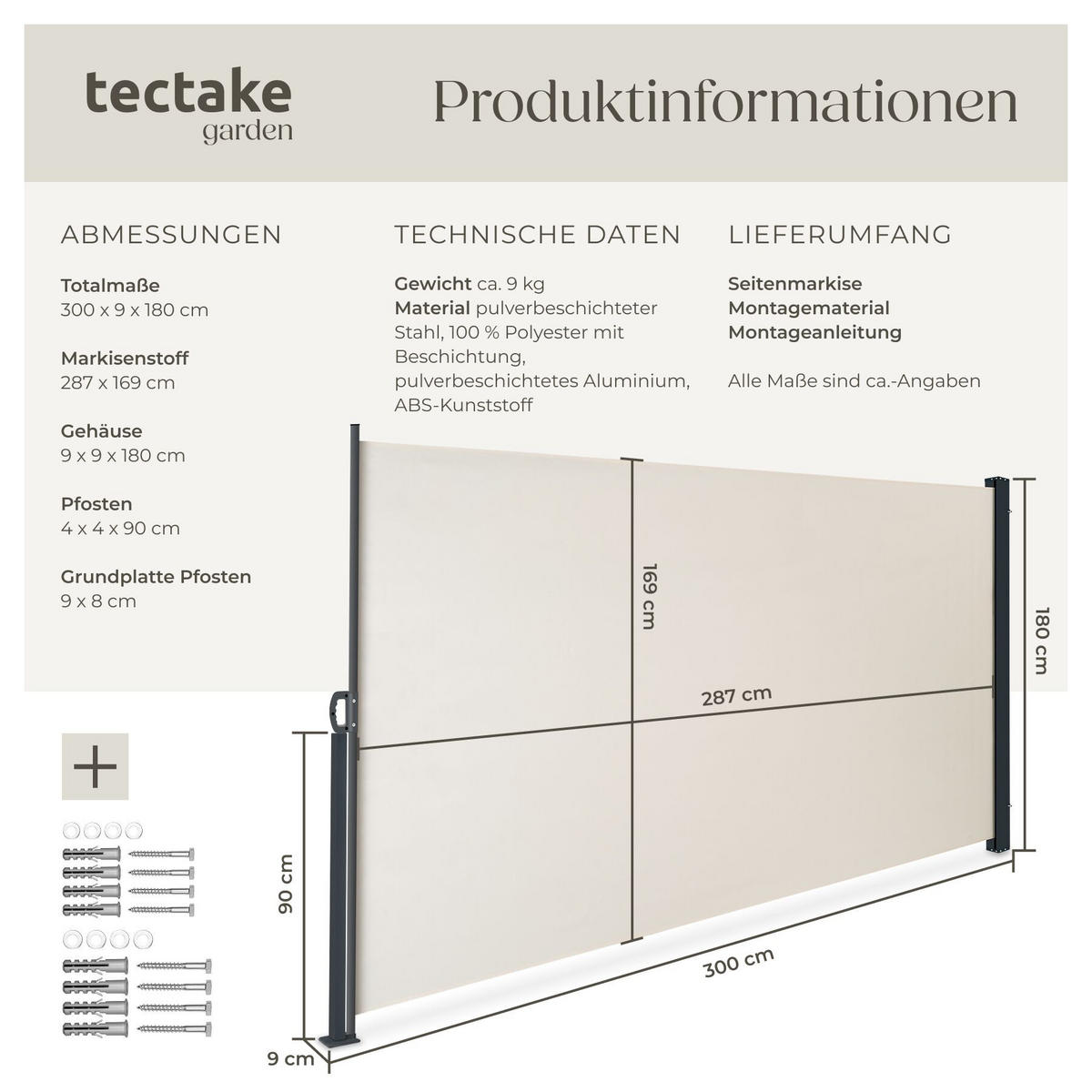 SEITENMARKISE , ausziehbar, mit Aufrollmechanismus, beige - Beige, Kunststoff (300/180/9cm) - tectake