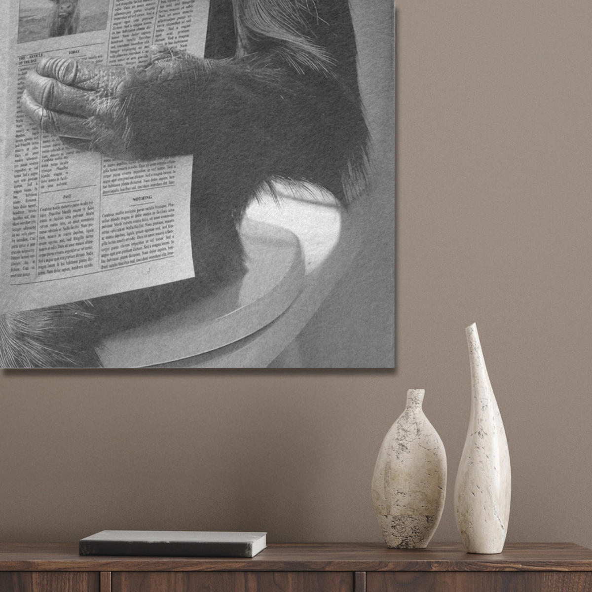 AKUSTIKPANEEL Affe - WC - Zeitung - Schwarz-Weiß - Humor 60x80 cm - Hellgrau, Textil (60/0.9/80cm) - MuchoWow