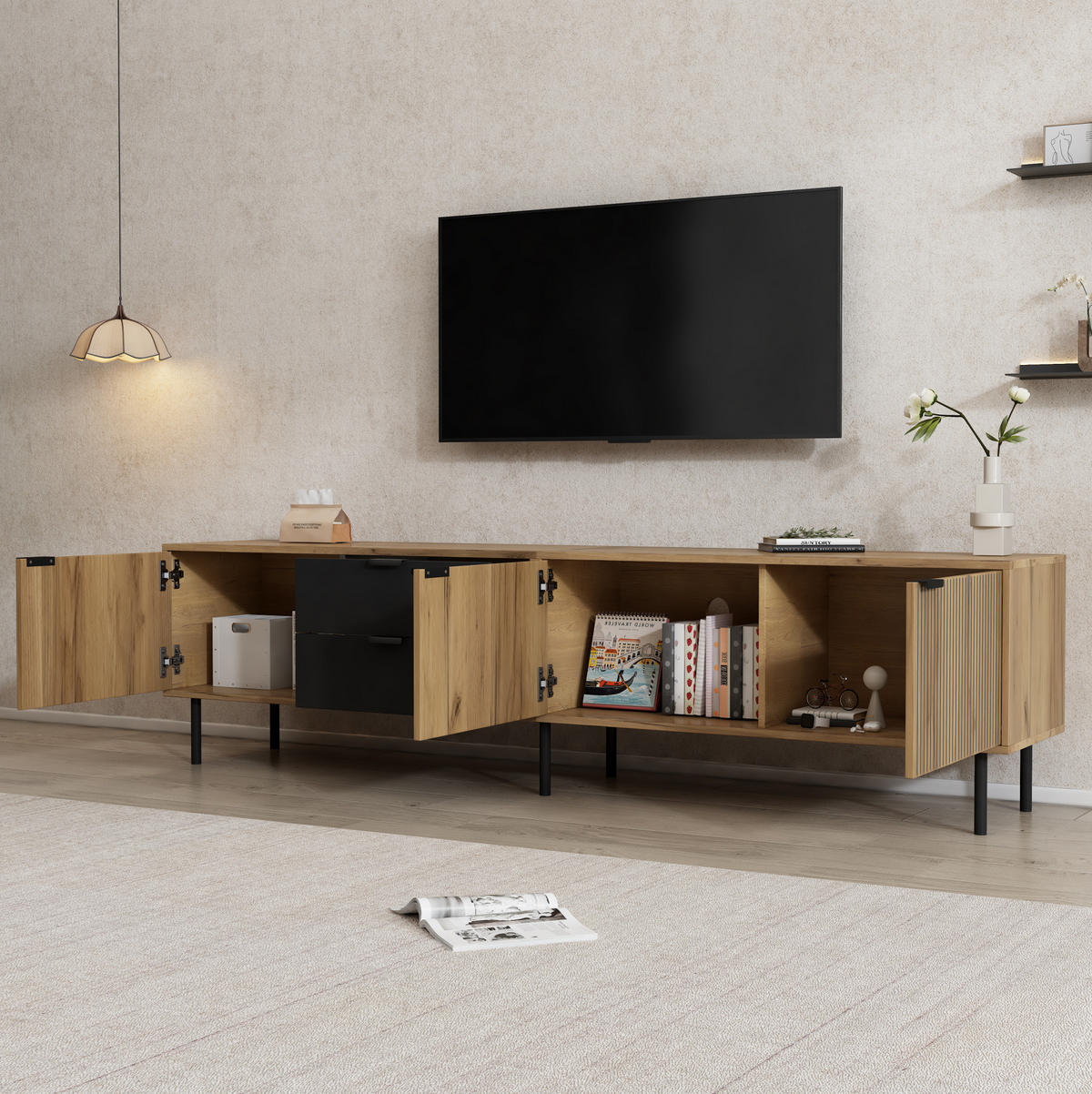 TV-LOWBOARD 208/40/48 cm schwarz/natur aus Spanplatte mit Stauraum - Schwarz, Holzwerkstoff (208/48/40cm) - OKWISH