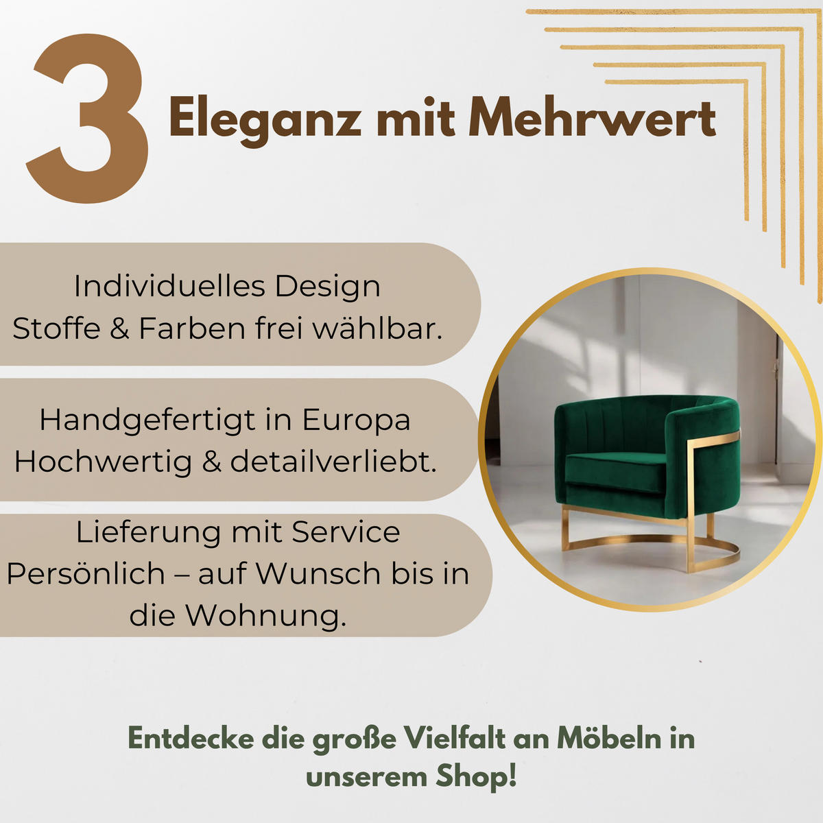 DESIGNSESSEL Glam Elegance – Individuell gefertigter Design-Sessel mit Edelstahlrahmen - Smaragdgrün/Goldfarben, Textil/Metall (75/71/68cm) - Fortisline