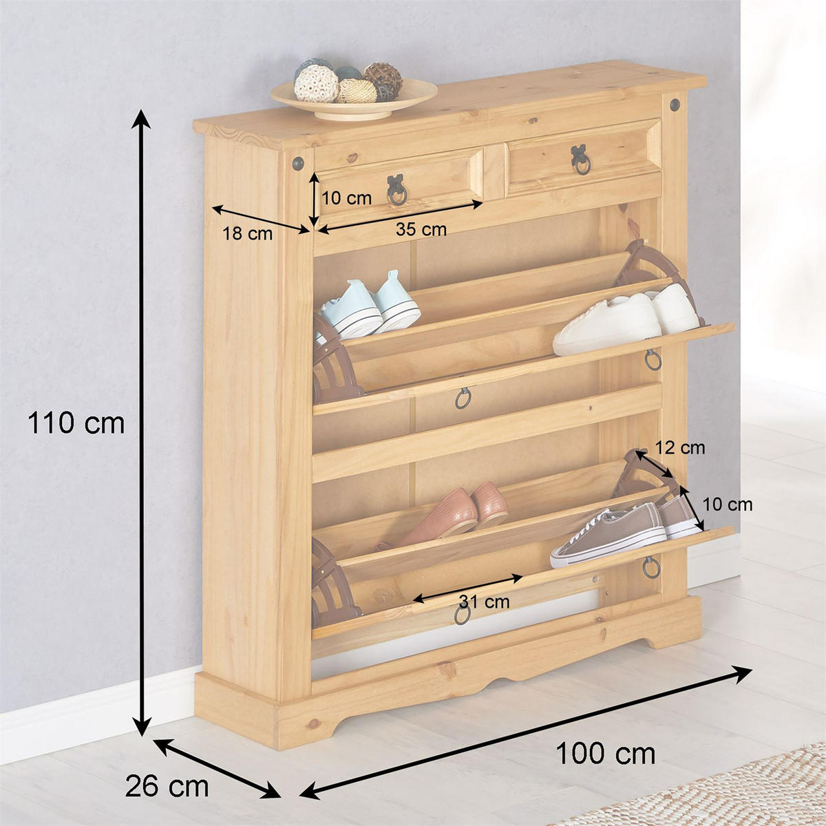 MEXIKO MÖBEL SCHUHSCHRANK TEQUILA - Kieferfarben, Holz (100/110/26cm) - IDIMEX