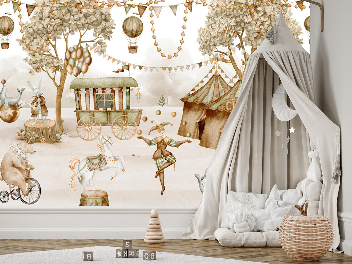 FOTOTAPETE für Kinderzimmer Zirkus Zelt Tiere Ballons Aquarell Bäume 350x256 - Ecru/Beige, Papier (350/256cm) - Muralo