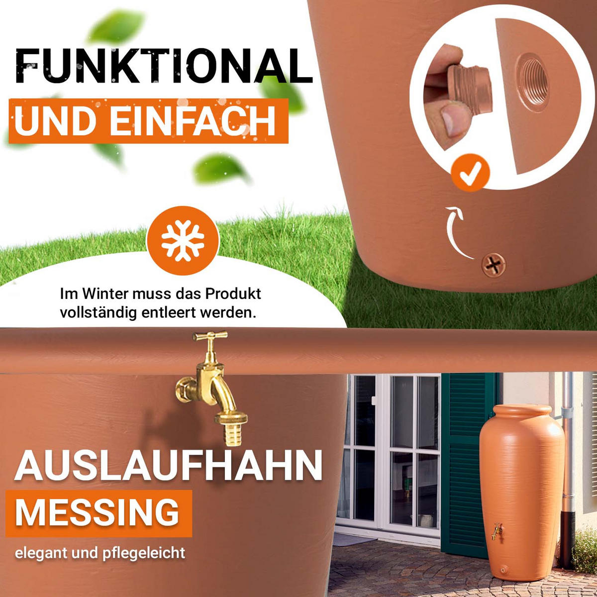 AMPHORE Komplett-Set 300 L, kotta inkl. Messing-Auslaufhahn und Fallrohranschluss - Terracotta, Kunststoff (68/129/80cm) - GARANTIA