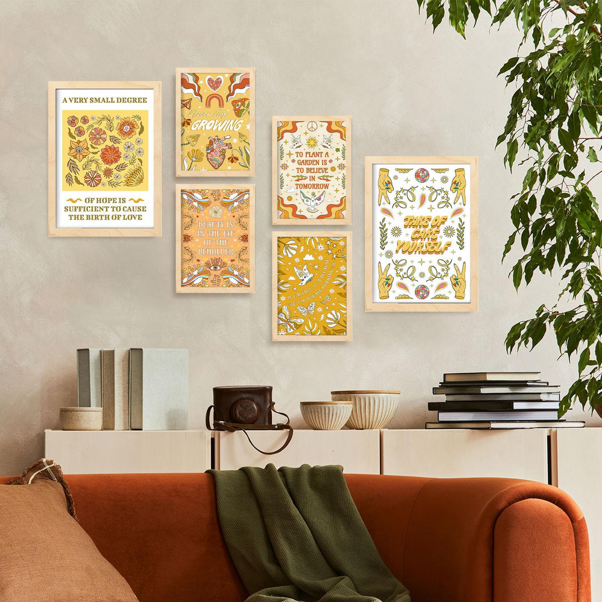 POSTER Set Mit 6 Drucken Der Selbstversorgung In Der Brillanten Groovy Dekorative Rahmen Für Ihr Zuhause Wandkunstdruck A3 & A4 Rahmen Aus Hellem Holz - Beige, Papier (29/3cm) - Nacnic