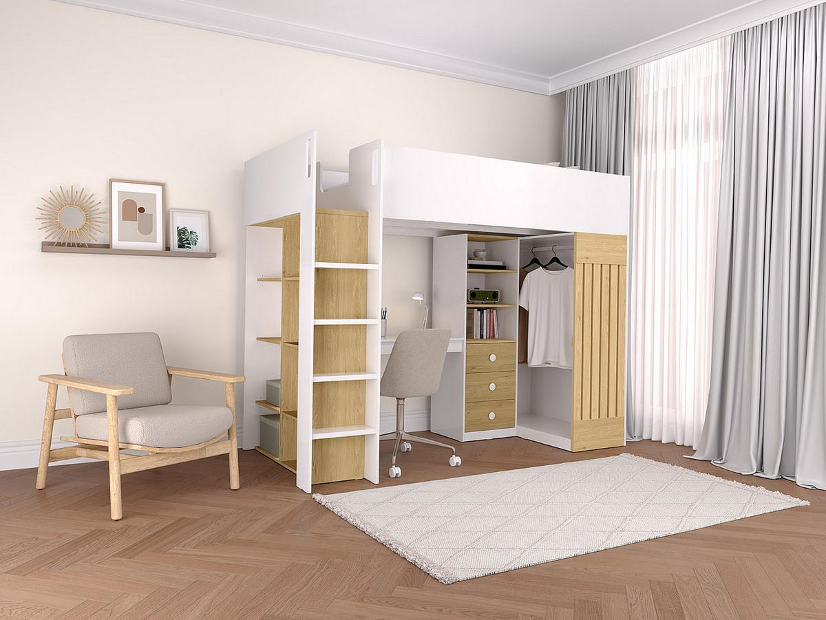 HOCHBETT mit Schreibtisch & Kleiderstange + Matratze - 90 x 190 cm - Weiß & Holzfarben - LORINTI - Naturfarben, Holz (108.5/235cm) - Vente-Unique