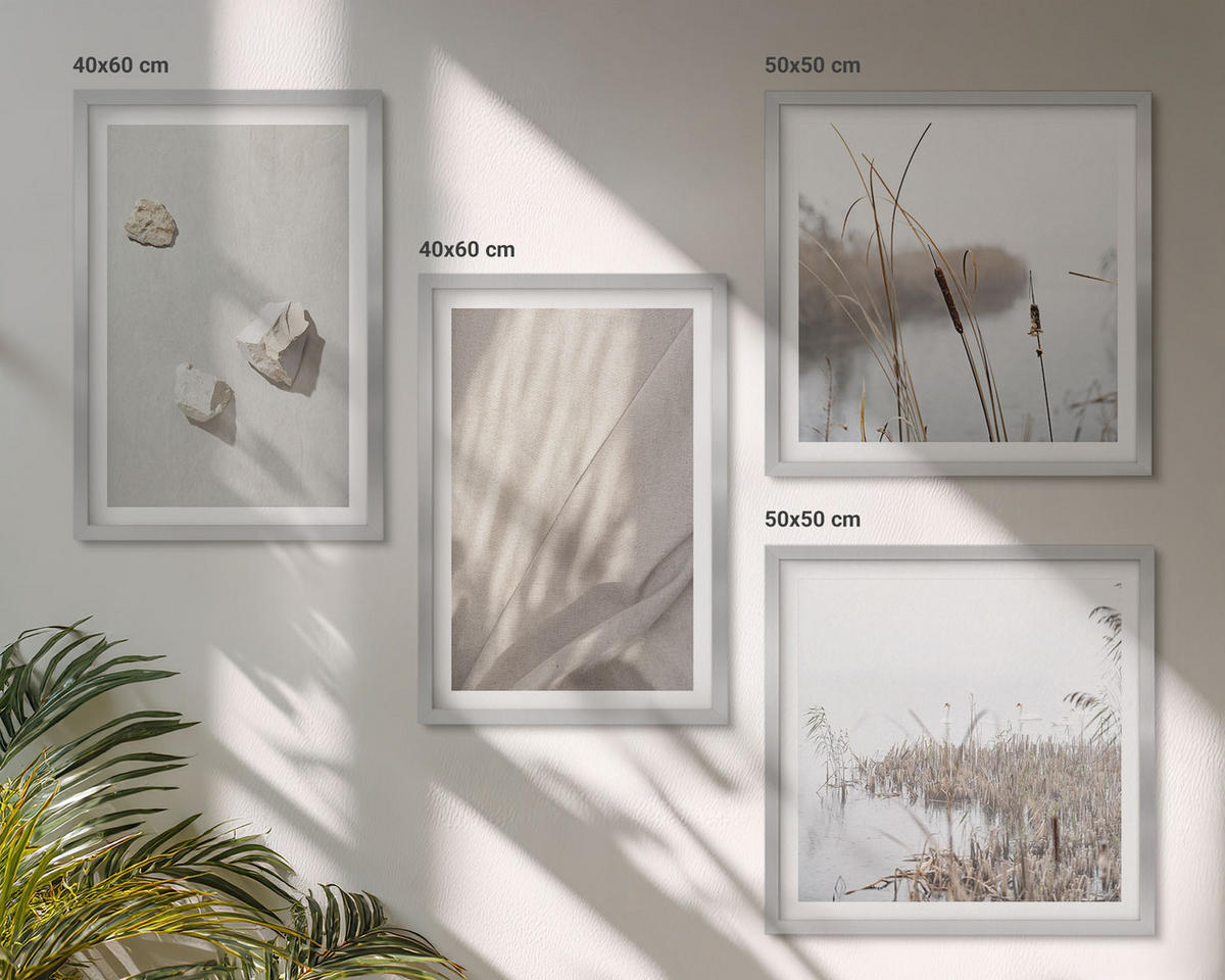 WANDBILDER 4er Set - 50x50 cm & 40x60 cm Silberner Rahmen - Nahaufnahmen der Struktur im Boho-Stil - Silberfarben, Kunststoff (50/50cm) - ArtPrintCave