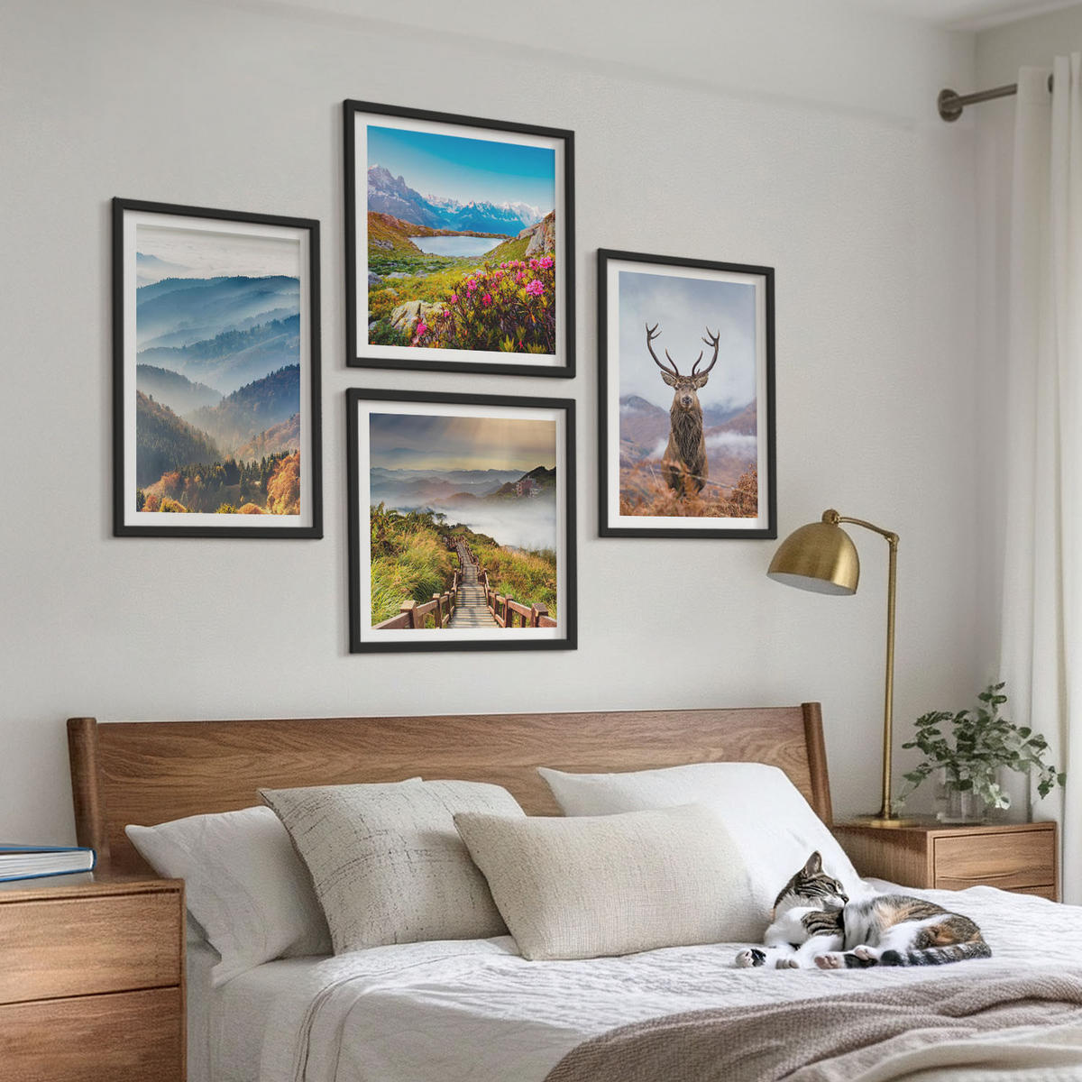 WANDBILDER 4er-Set - 50x50 cm & 40x60 cm Schwarzer Rahmen - Berglandschaft, See, Hirsche - Schwarz, Kunststoff (50/50cm) - ArtPrintCave