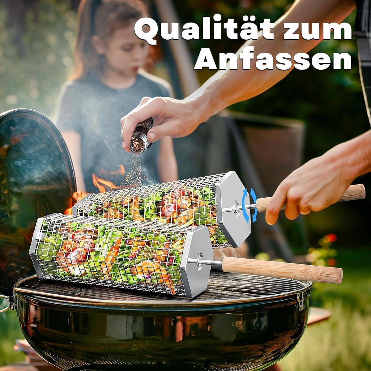 GRILLKORB 2-teiliges Set Edelstahl mit Holzgriff - Multicolor, Metall (15/10/25cm)