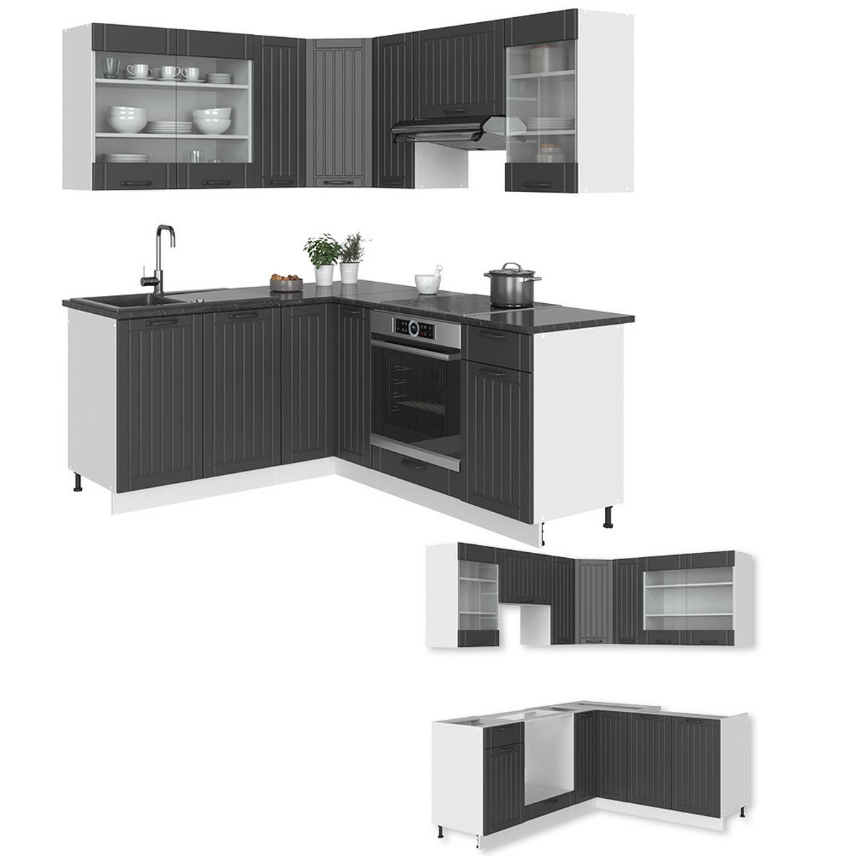 ECKKÜCHE Fame-Line Anthrazit Landhaus/Weiß 160 x 60 cm ohne AP - Dunkelgrau/Weiß, Holzwerkstoff (190/81.6/46cm) - Vicco