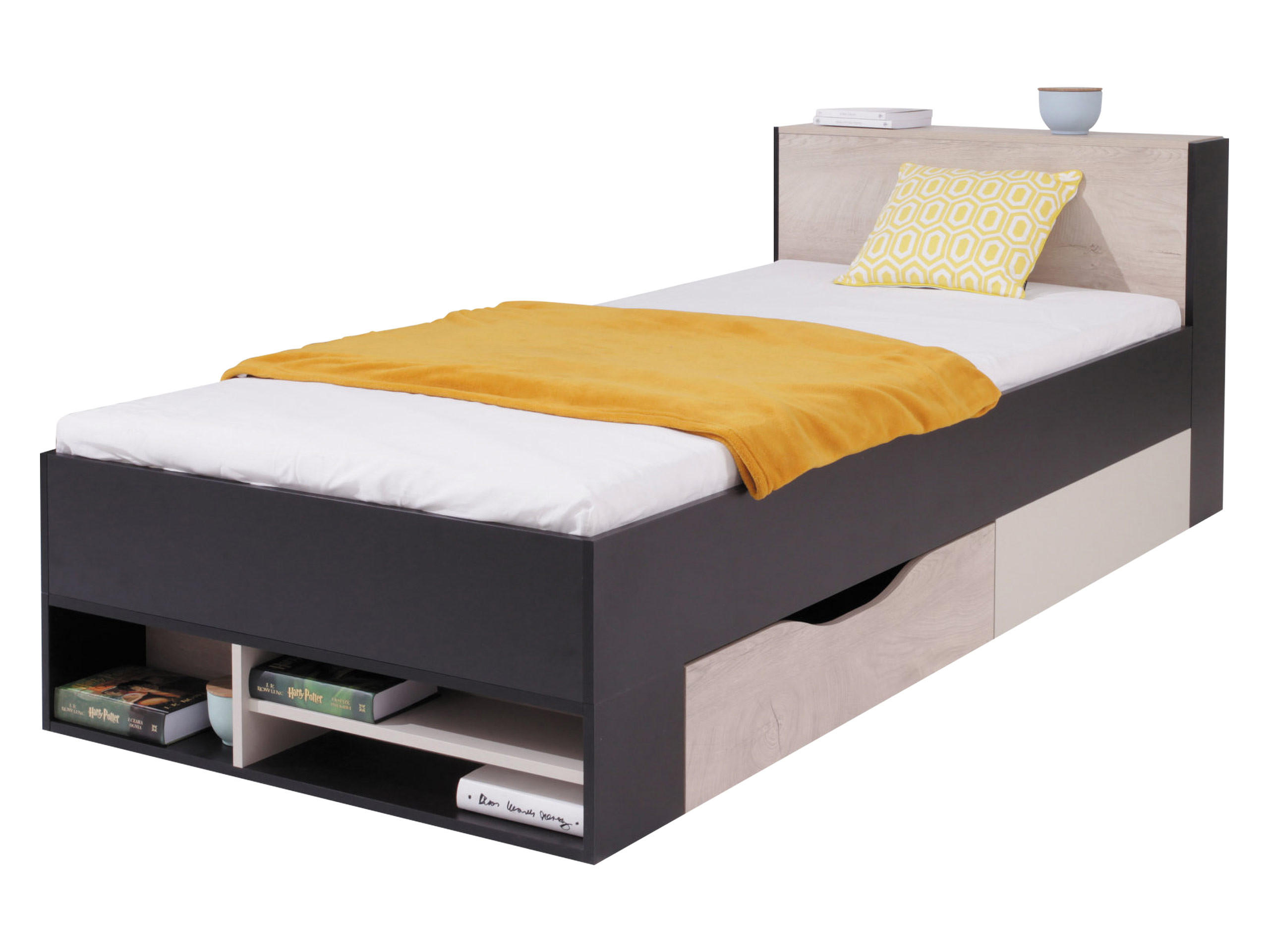 Mirjan24 Jugendbett Eiche, Schwarz 90x200 cm