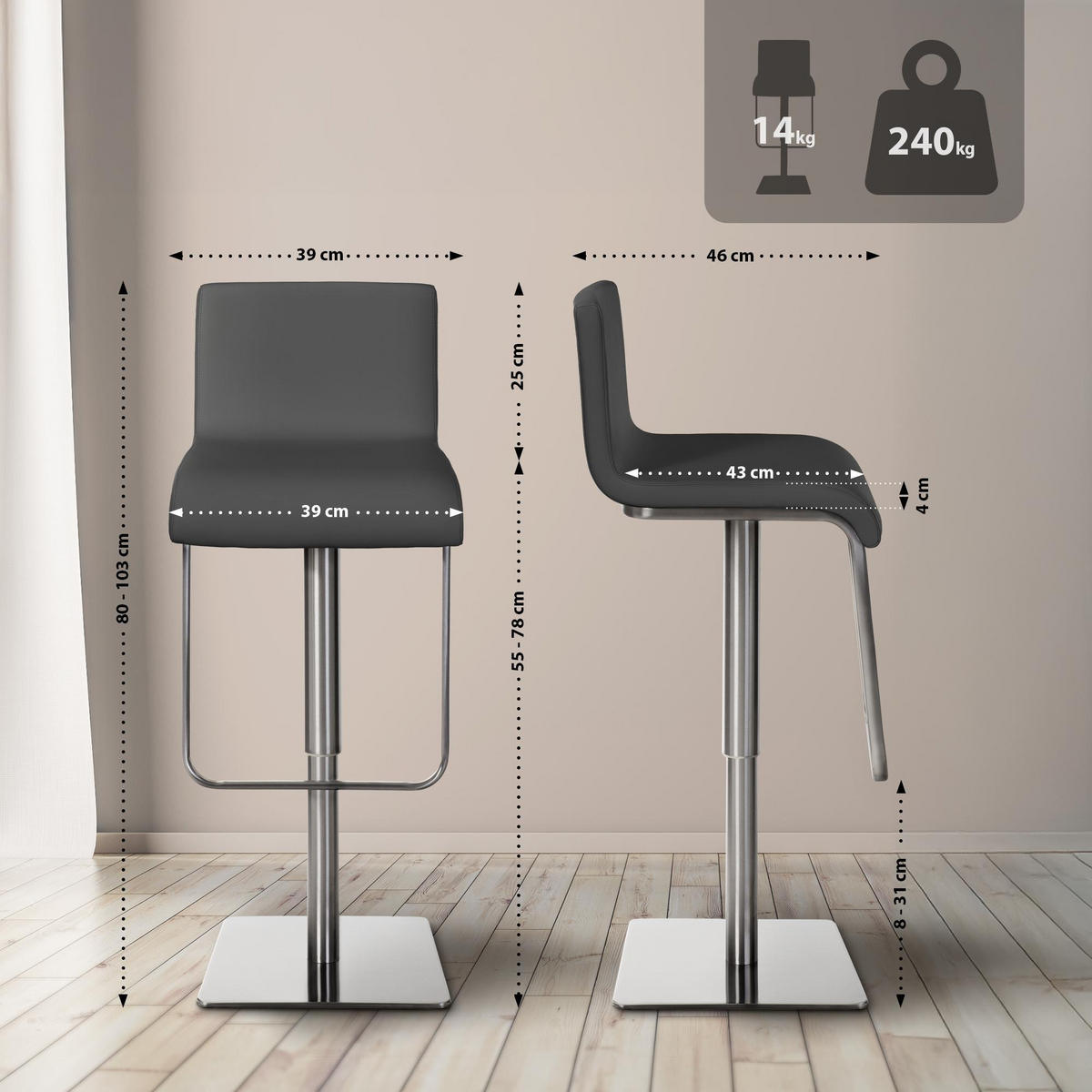 BARHOCKER 2er Set Lederlook Grau - Edelstahlfarben/Grau, Textil/Metall (39/80/46cm) - CLP