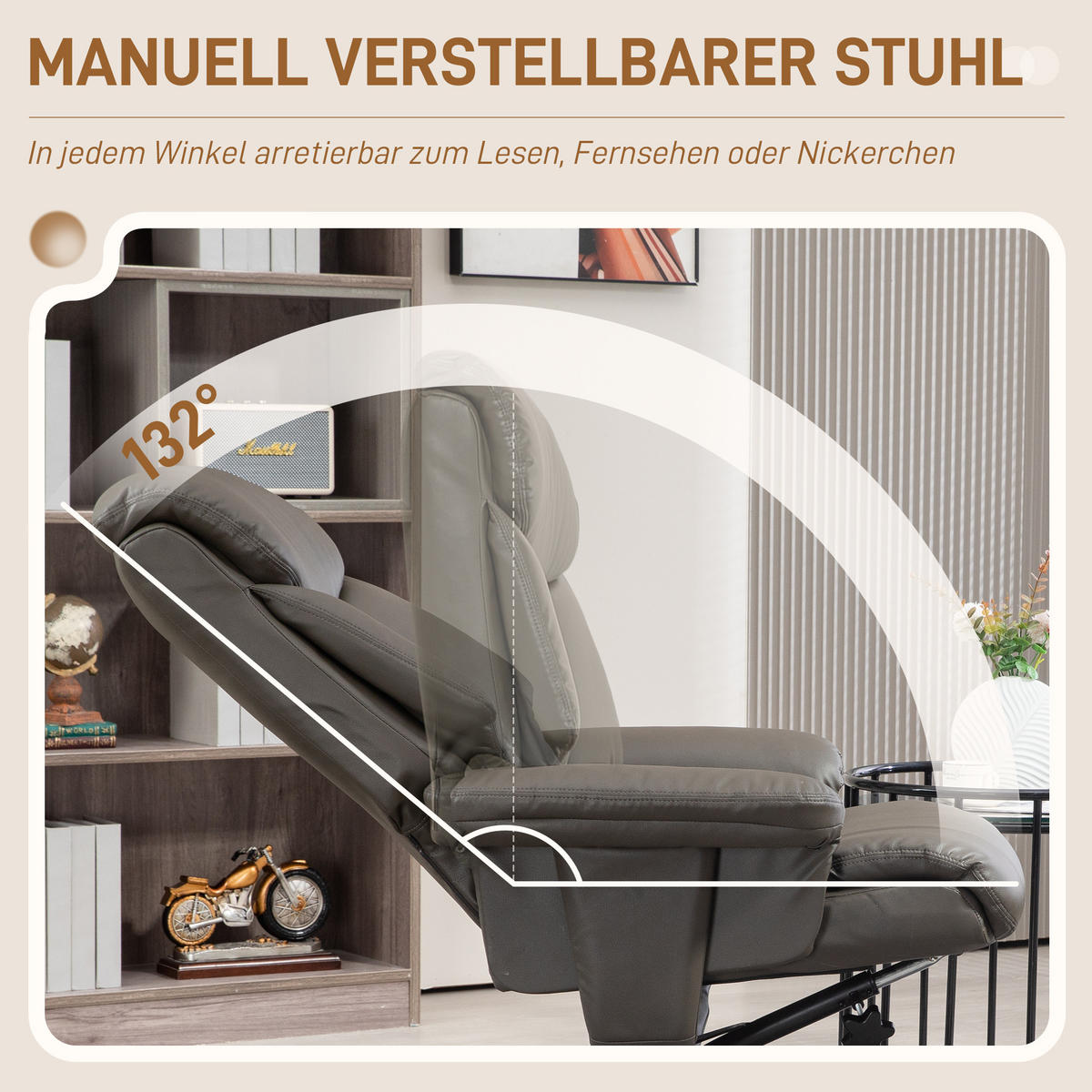 RELAXSESSEL mit Hocker, Fernsehsessel mit Liegefunktion, Wippfunktion Grau - Schwarz/Grau, Leder/Kunststoff (95/107/81cm) - HOMCOM