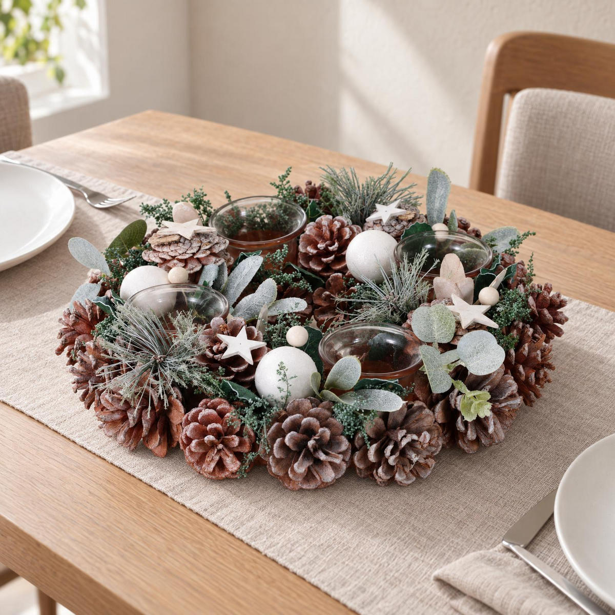 ADVENTSKRANZ mit 4 Glas-Kerzenhaltern 30/30/7,5 cm - Silberfarben, Naturmaterialien (30/7.5/30cm) - Home Styling Collection