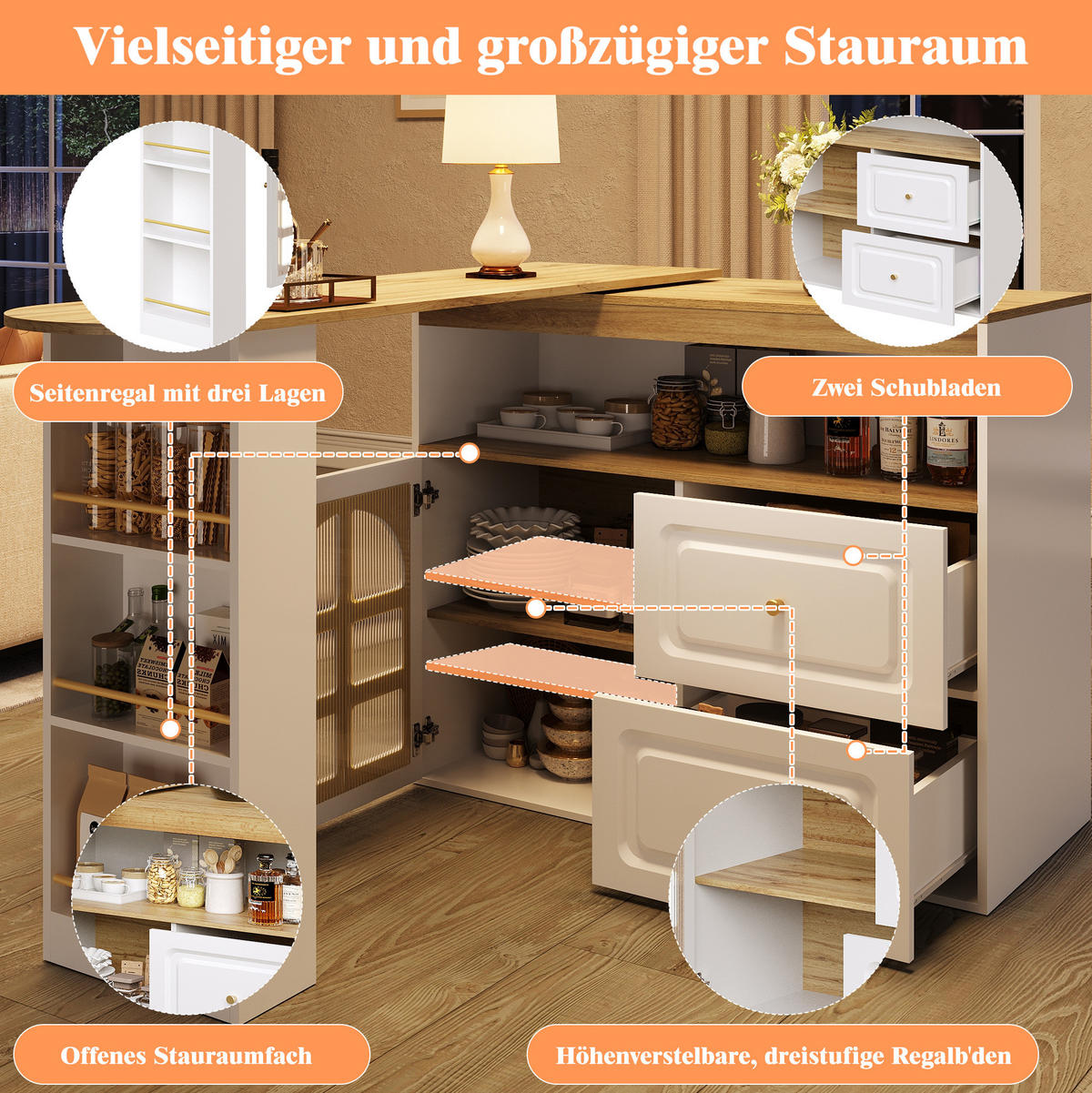 STEHTISCH 138-204x39x104cm Weiß mit Bogenglastür,Snackregal & Drehfunktion - Weiß, Holzwerkstoff (204/104/39cm) - Modfu