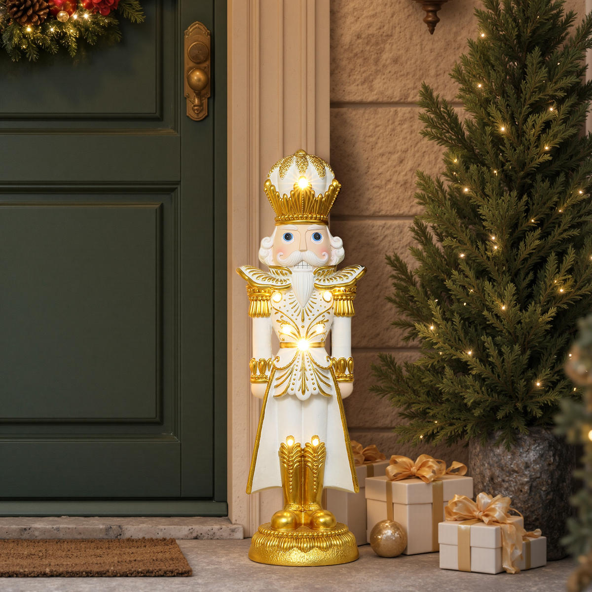 HOMETOPIA Nussknacker Figur 61 cm, Weihnachtsdeko mit 8 LEDs, Timer, MgO - Goldfarben, Naturmaterialien (16/61/19.5cm) - Hometopia