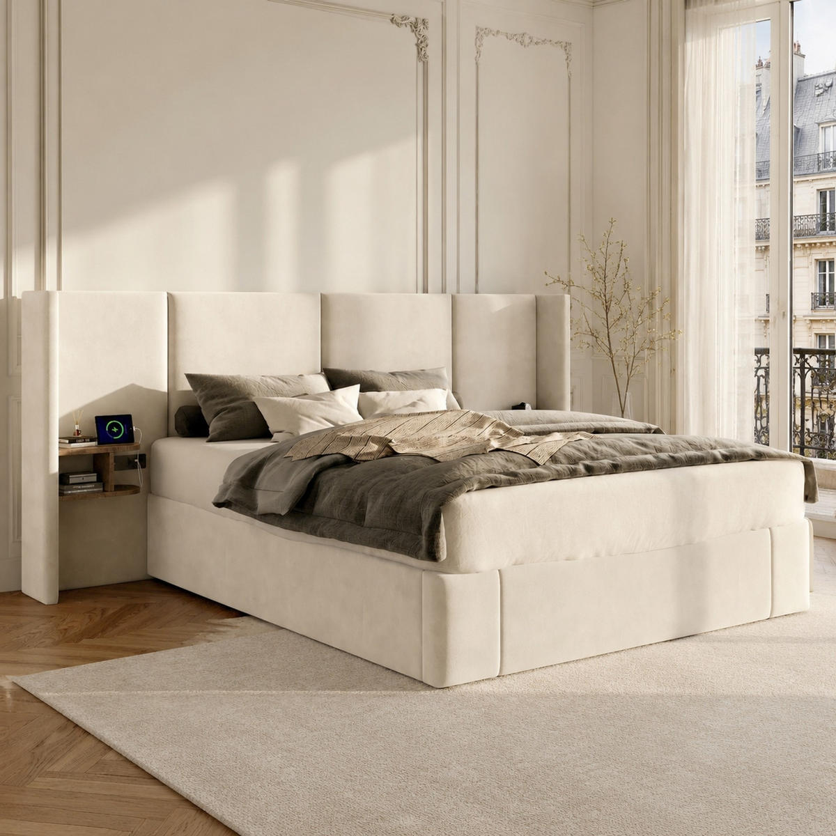 POLSTERBETT 160/200 mit Bettkasten, USB, Steckdosen und Nachttischen in Beige - Beige, Holzwerkstoff/Textil (160/200cm) - EVRYAE